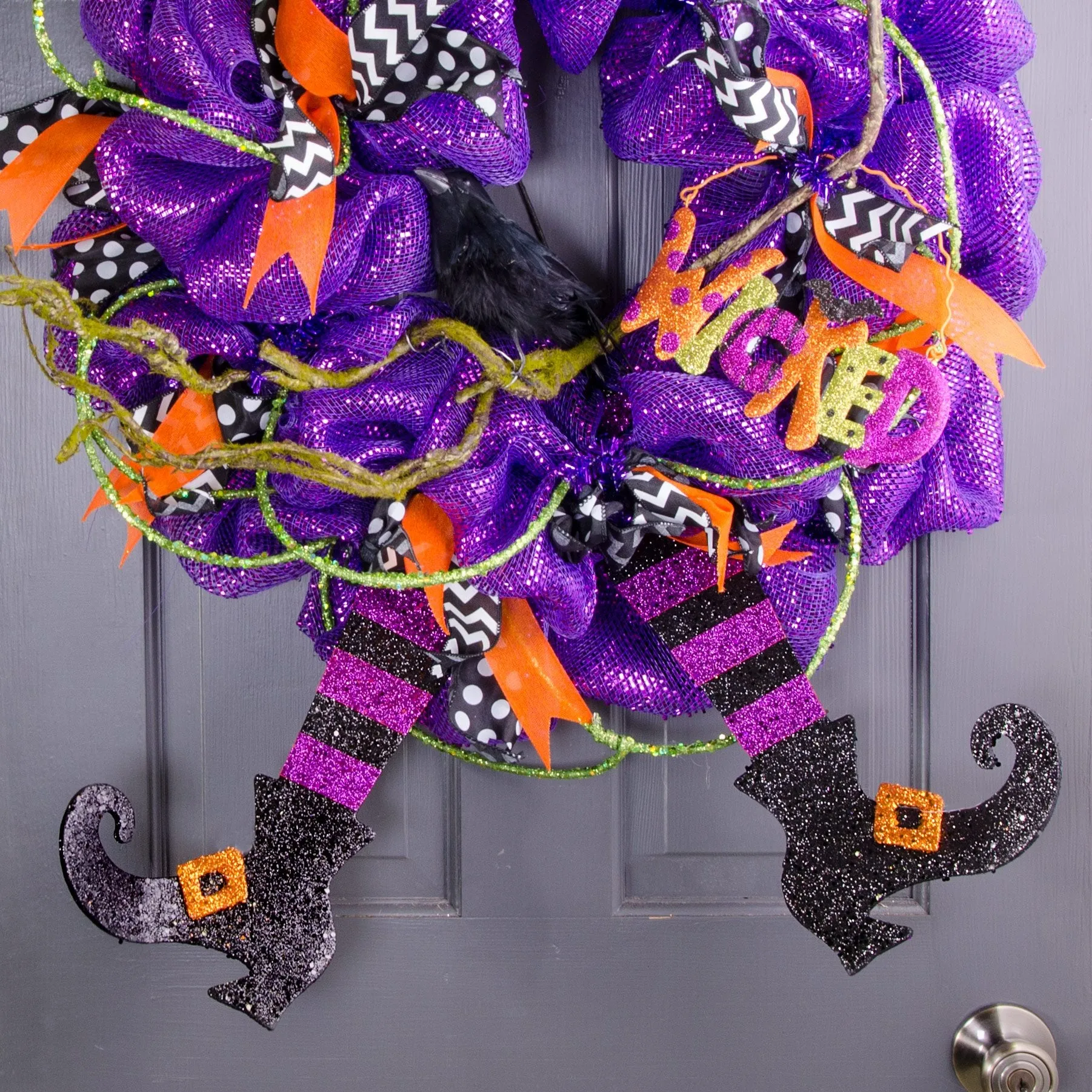 16" Metallic Foam Glittered Witch Leg Pair: Black & Purple