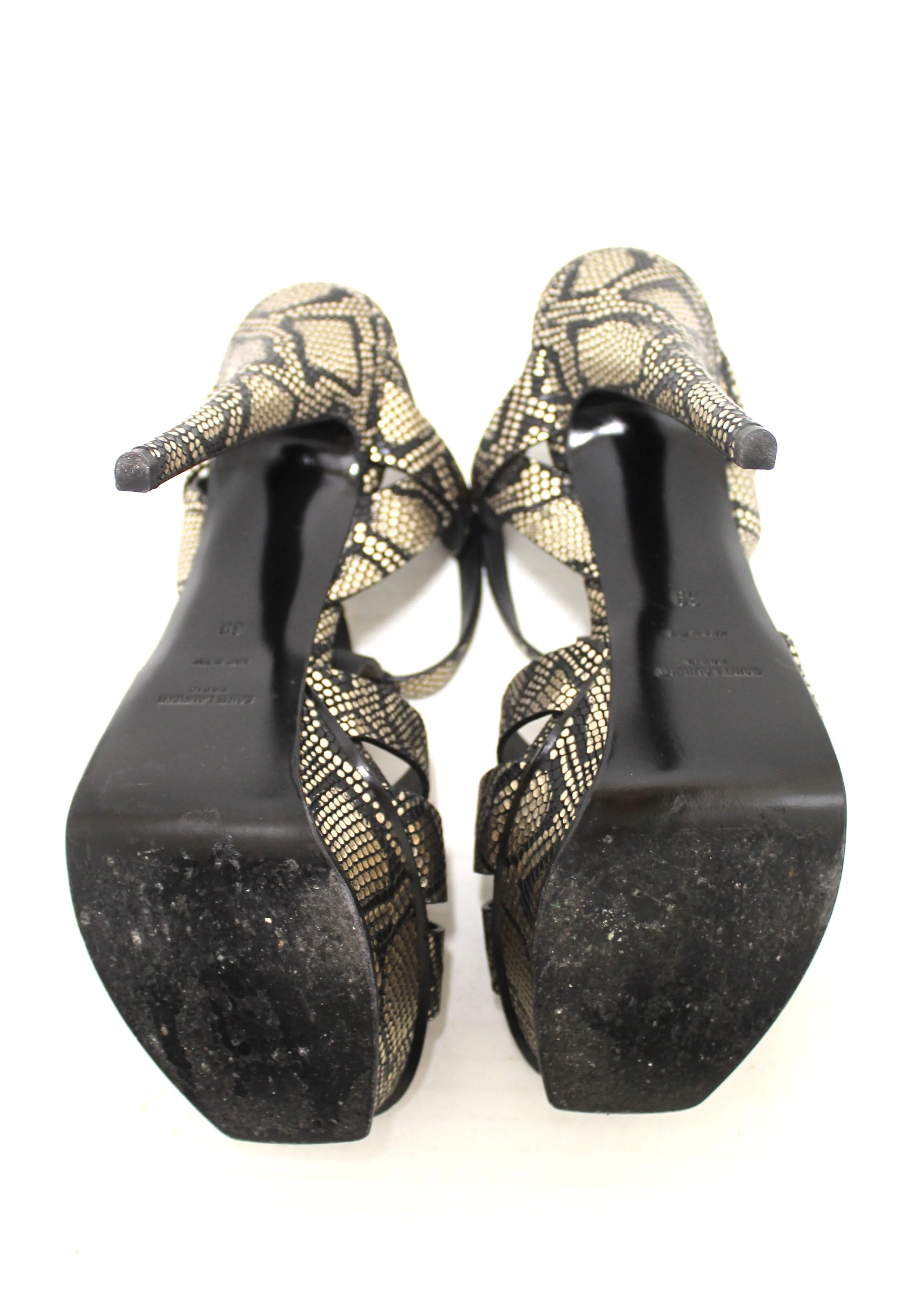 Authentic Saint Laurent Metallic Black/Gold Python Embossed Leather Tribute Platform Sandals Size 39