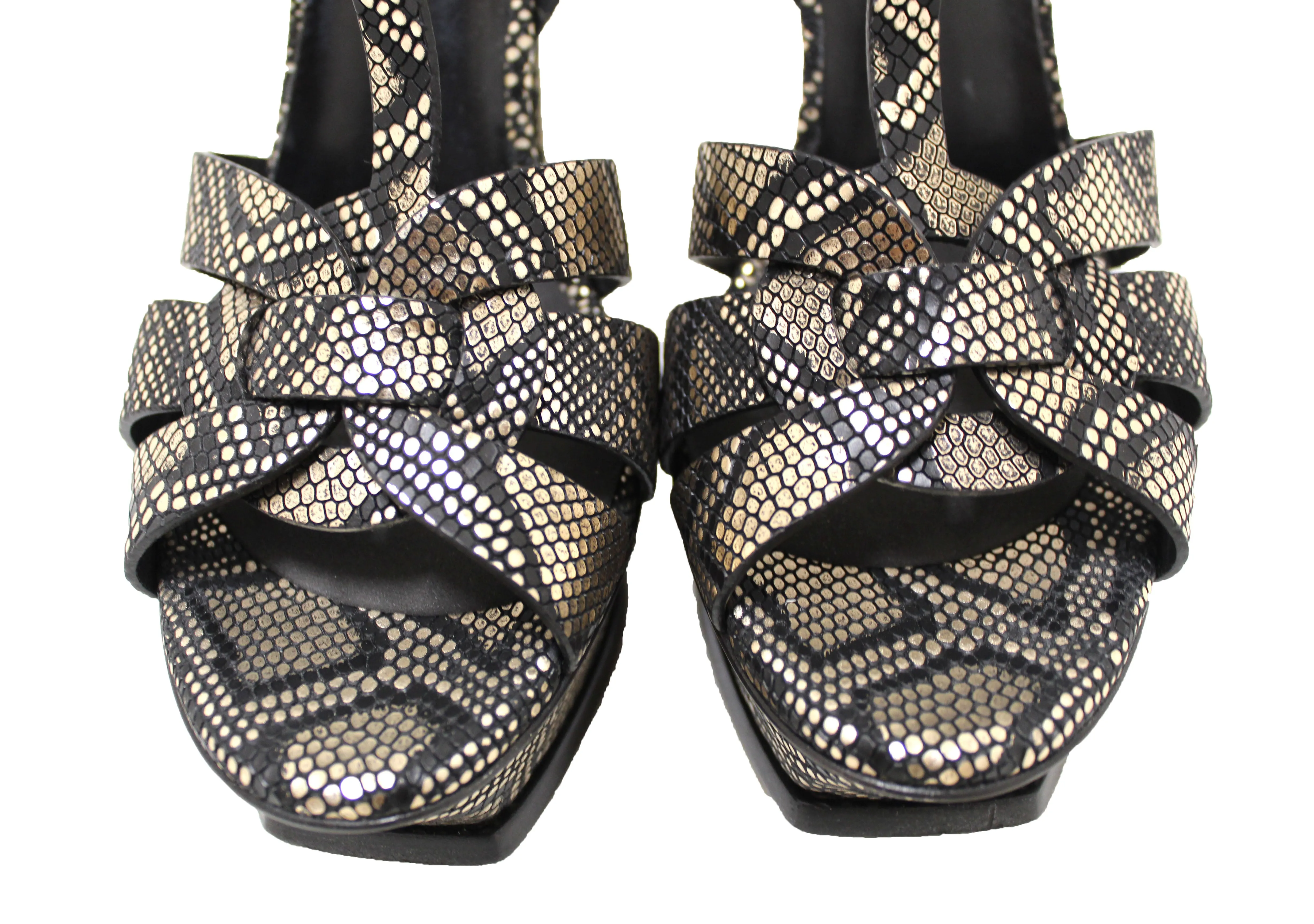 Authentic Saint Laurent Metallic Black/Gold Python Embossed Leather Tribute Platform Sandals Size 39