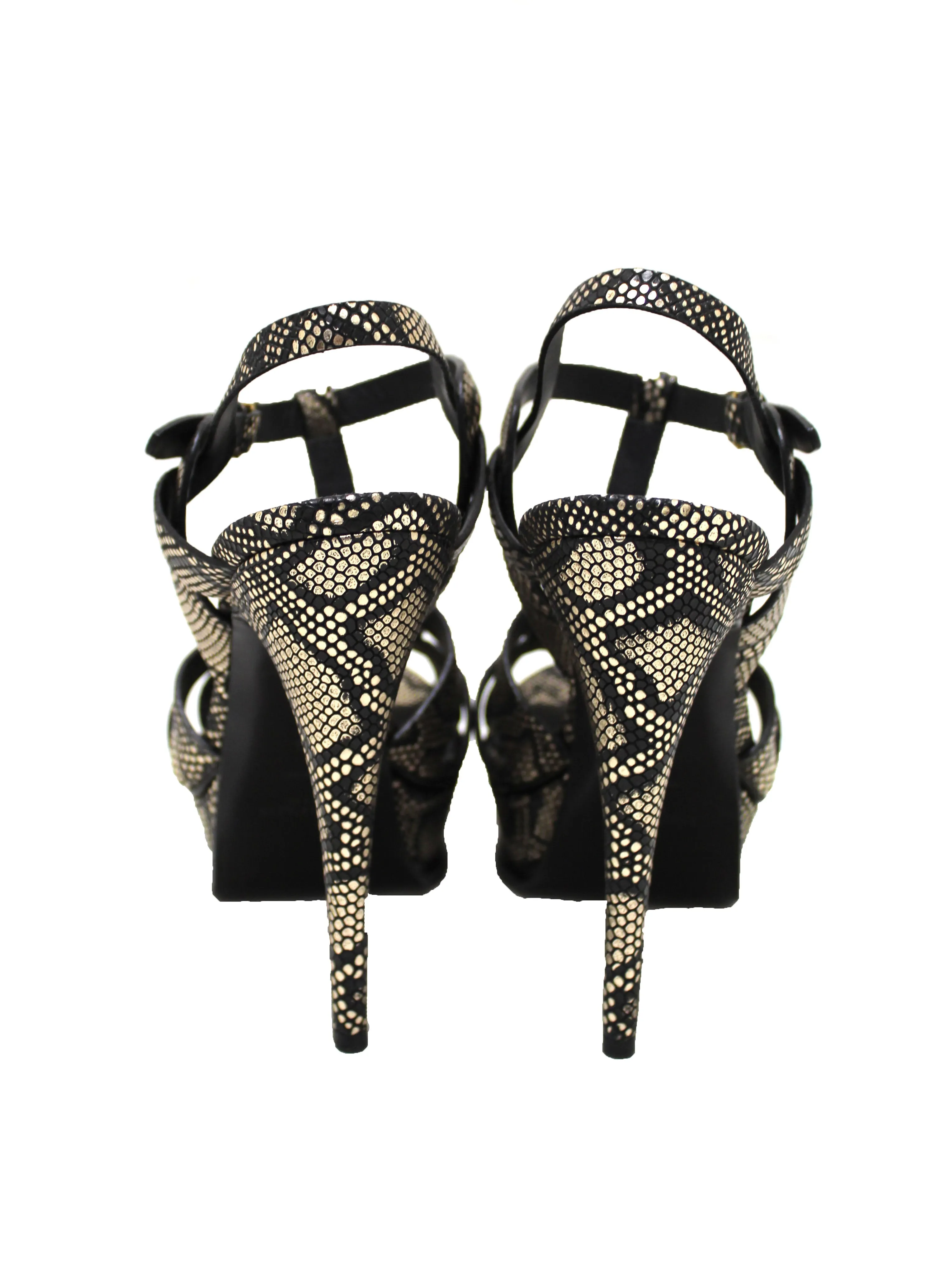 Authentic Saint Laurent Metallic Black/Gold Python Embossed Leather Tribute Platform Sandals Size 39