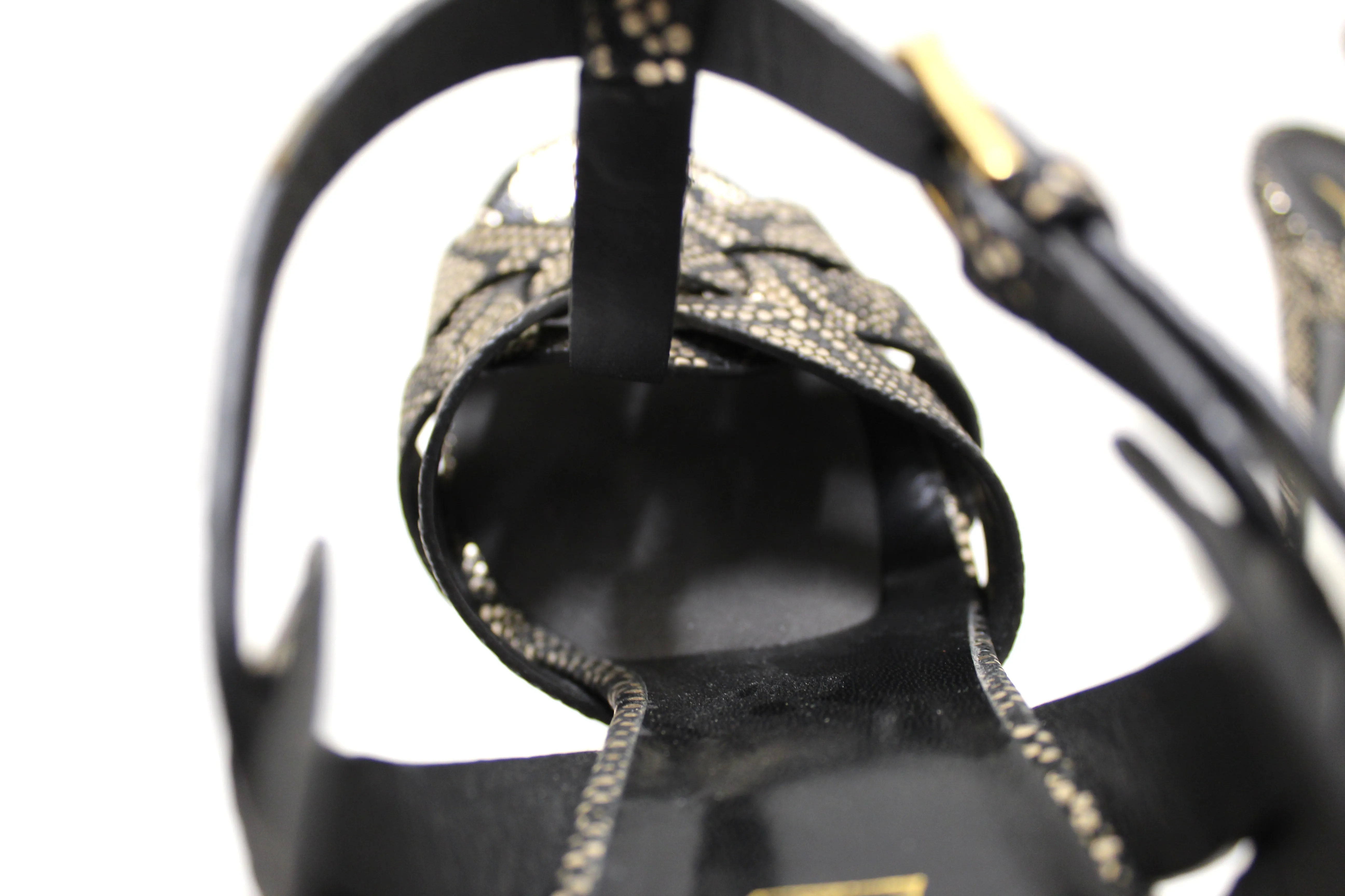Authentic Saint Laurent Metallic Black/Gold Python Embossed Leather Tribute Platform Sandals Size 39