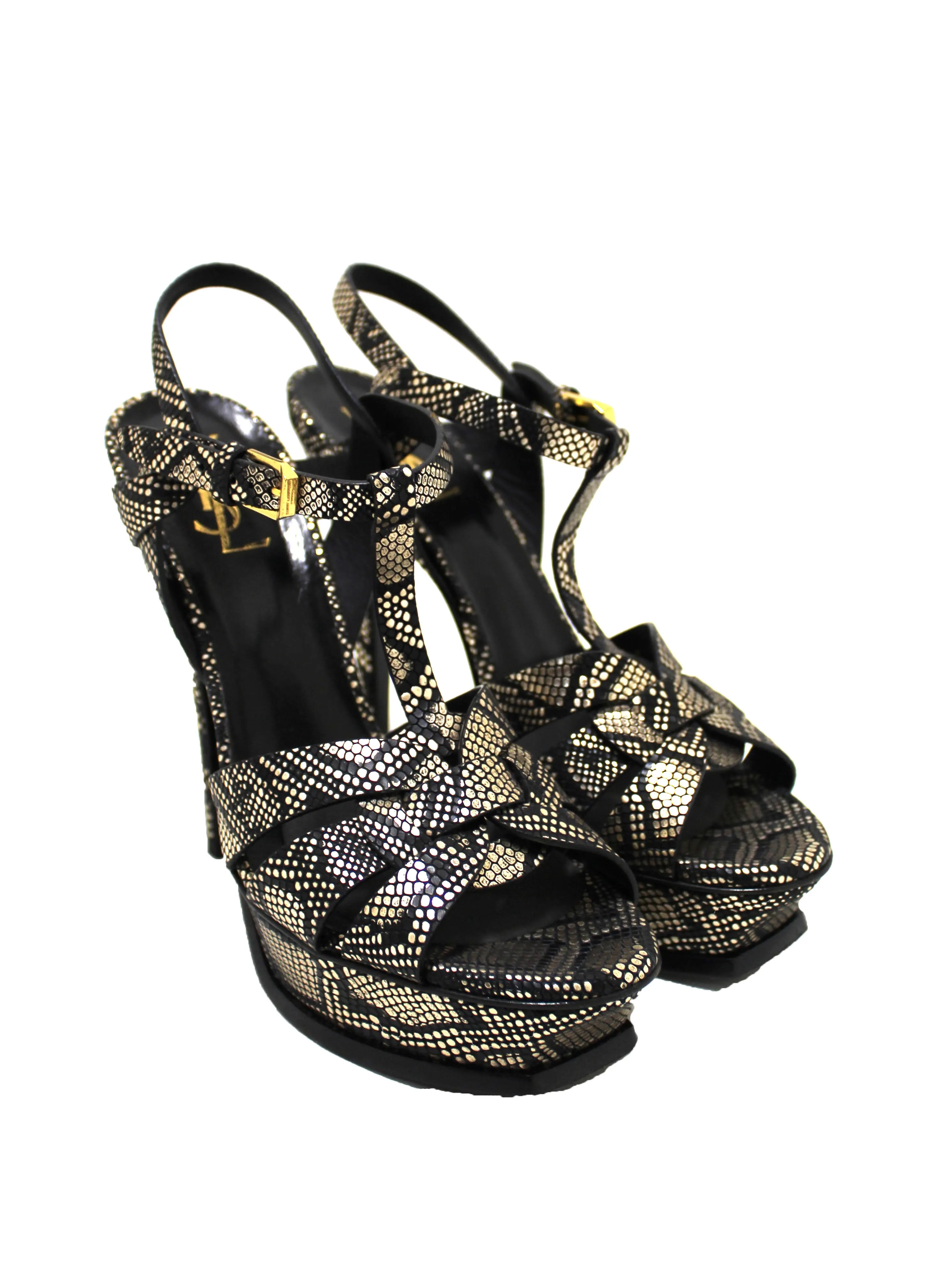 Authentic Saint Laurent Metallic Black/Gold Python Embossed Leather Tribute Platform Sandals Size 39