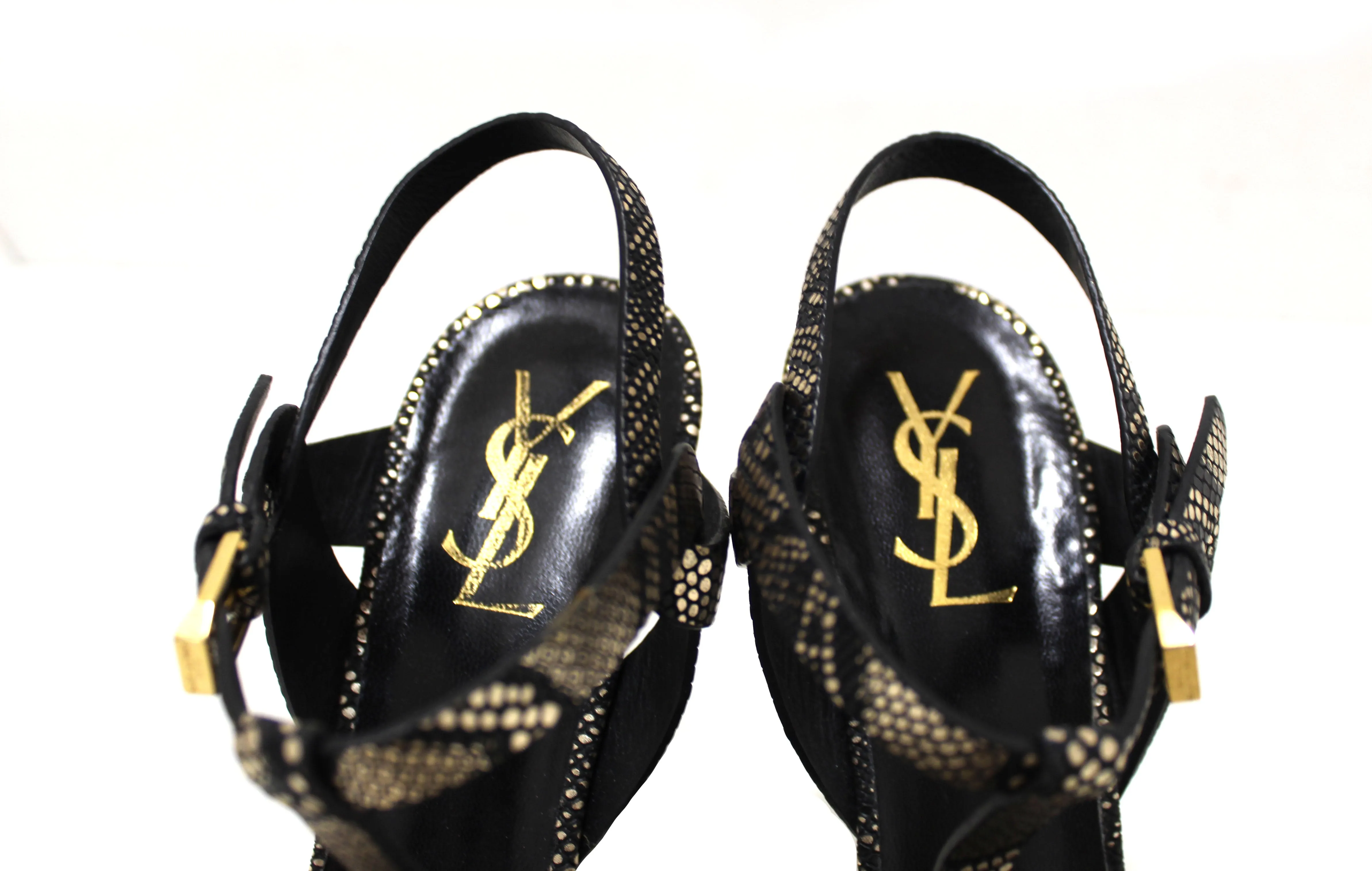 Authentic Saint Laurent Metallic Black/Gold Python Embossed Leather Tribute Platform Sandals Size 39
