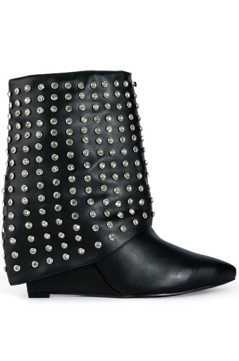 AZALEA WANG MARINA STUDDED FOLD OER BOOTIE IN BLACK