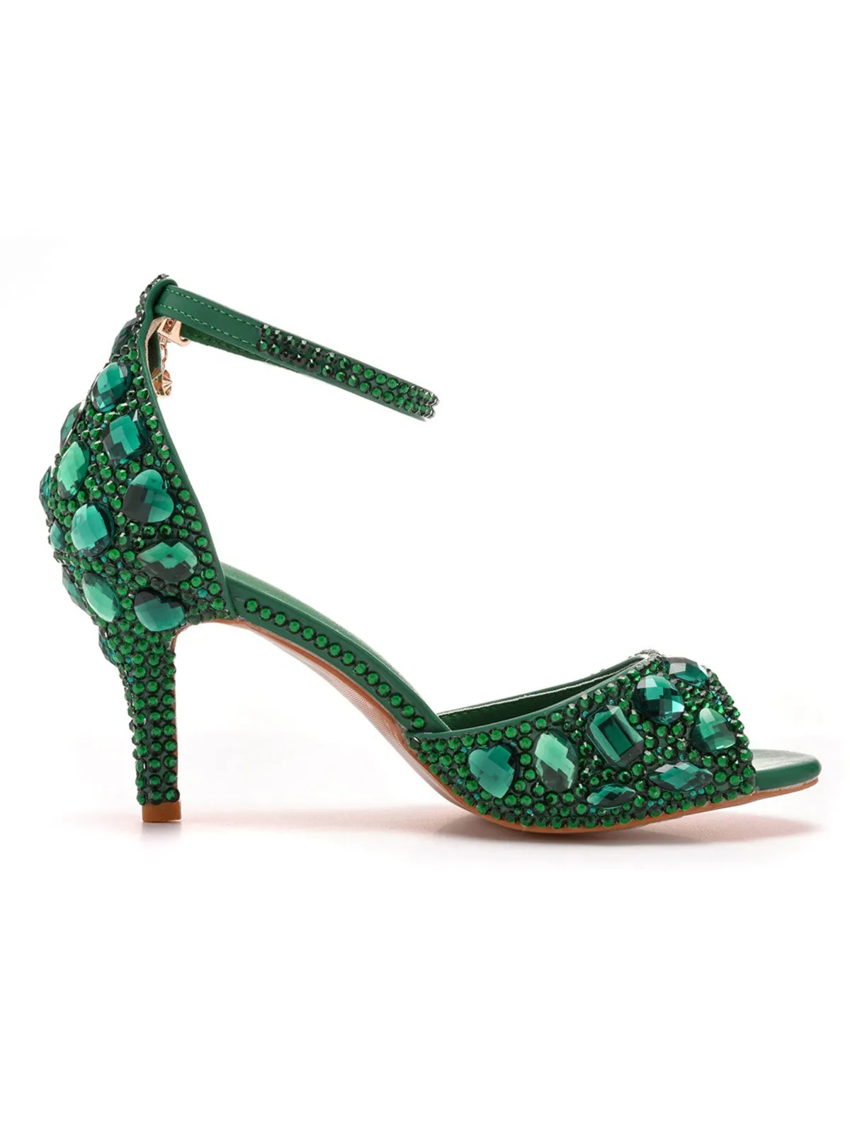 Crystal Rhinestone Peep Toe High Heels Ankle Strap Sandals
