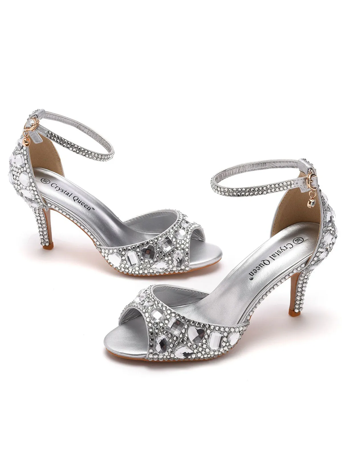 Crystal Rhinestone Peep Toe High Heels Ankle Strap Sandals