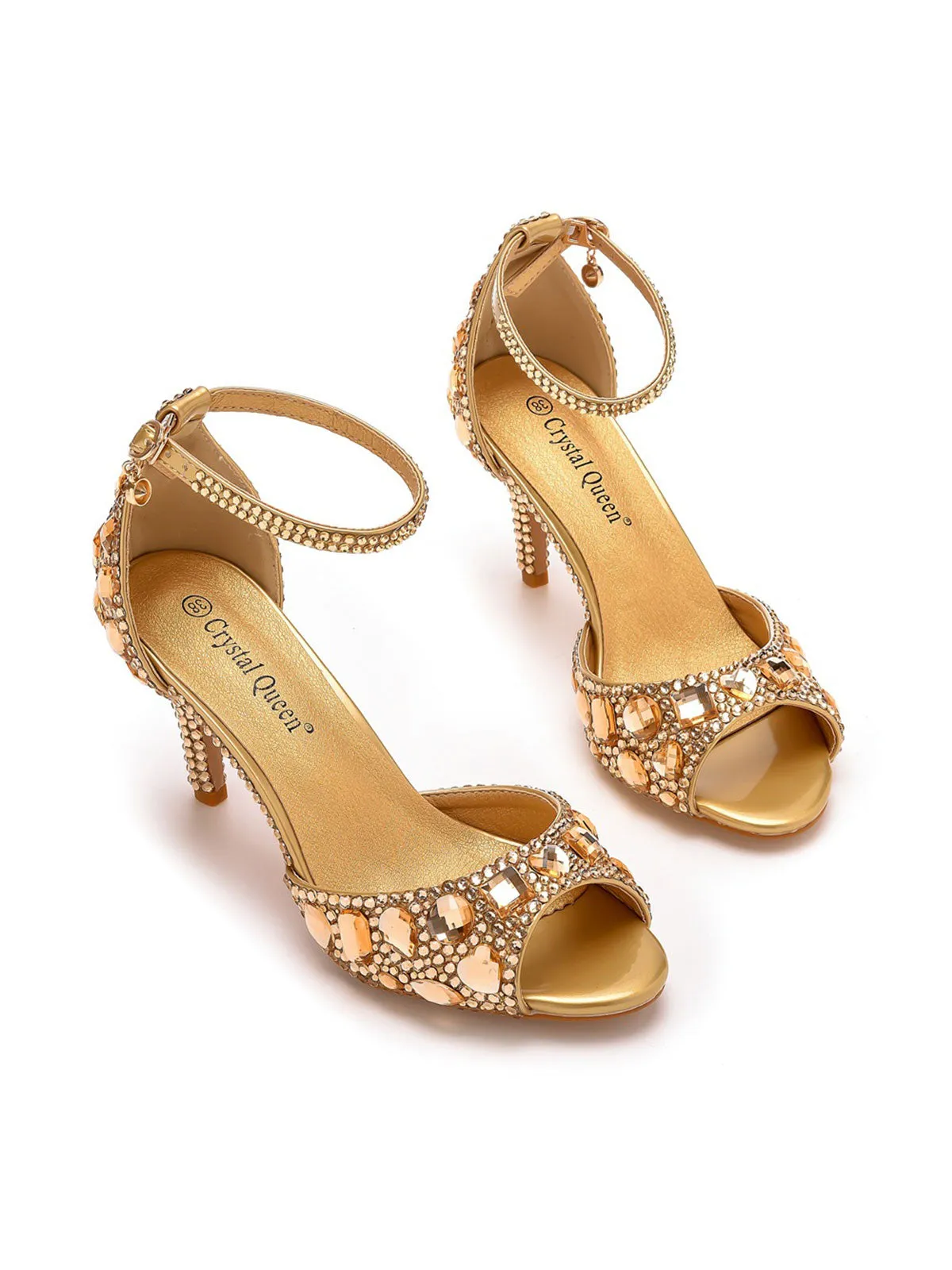 Crystal Rhinestone Peep Toe High Heels Ankle Strap Sandals