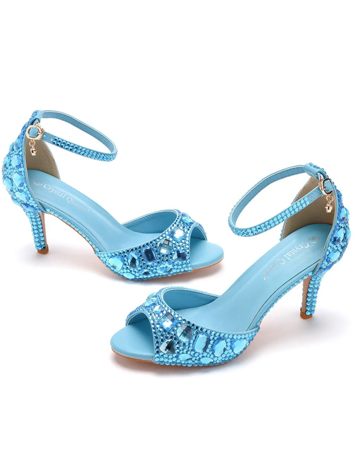 Crystal Rhinestone Peep Toe High Heels Ankle Strap Sandals