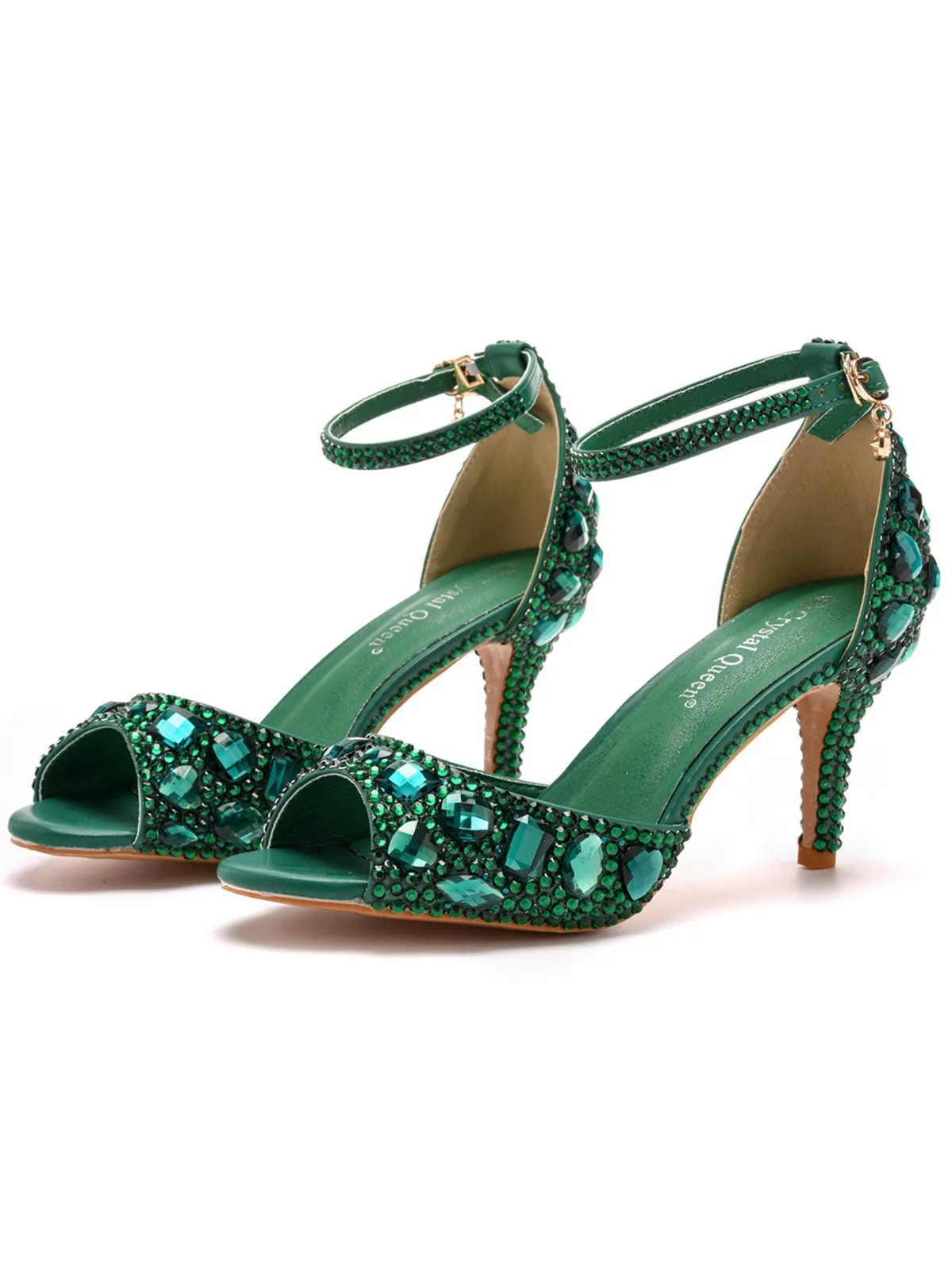 Crystal Rhinestone Peep Toe High Heels Ankle Strap Sandals