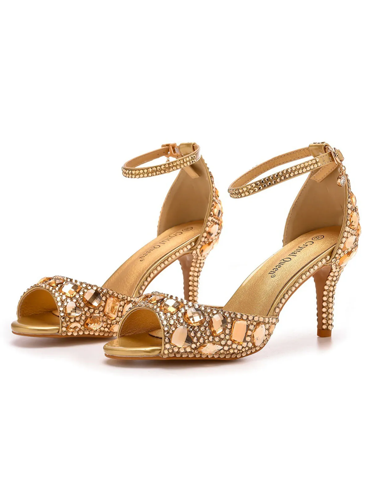 Crystal Rhinestone Peep Toe High Heels Ankle Strap Sandals
