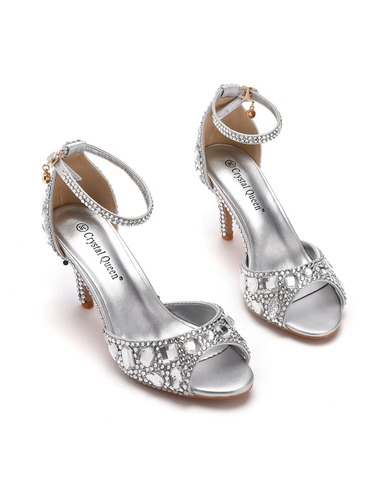 Crystal Rhinestone Peep Toe High Heels Ankle Strap Sandals