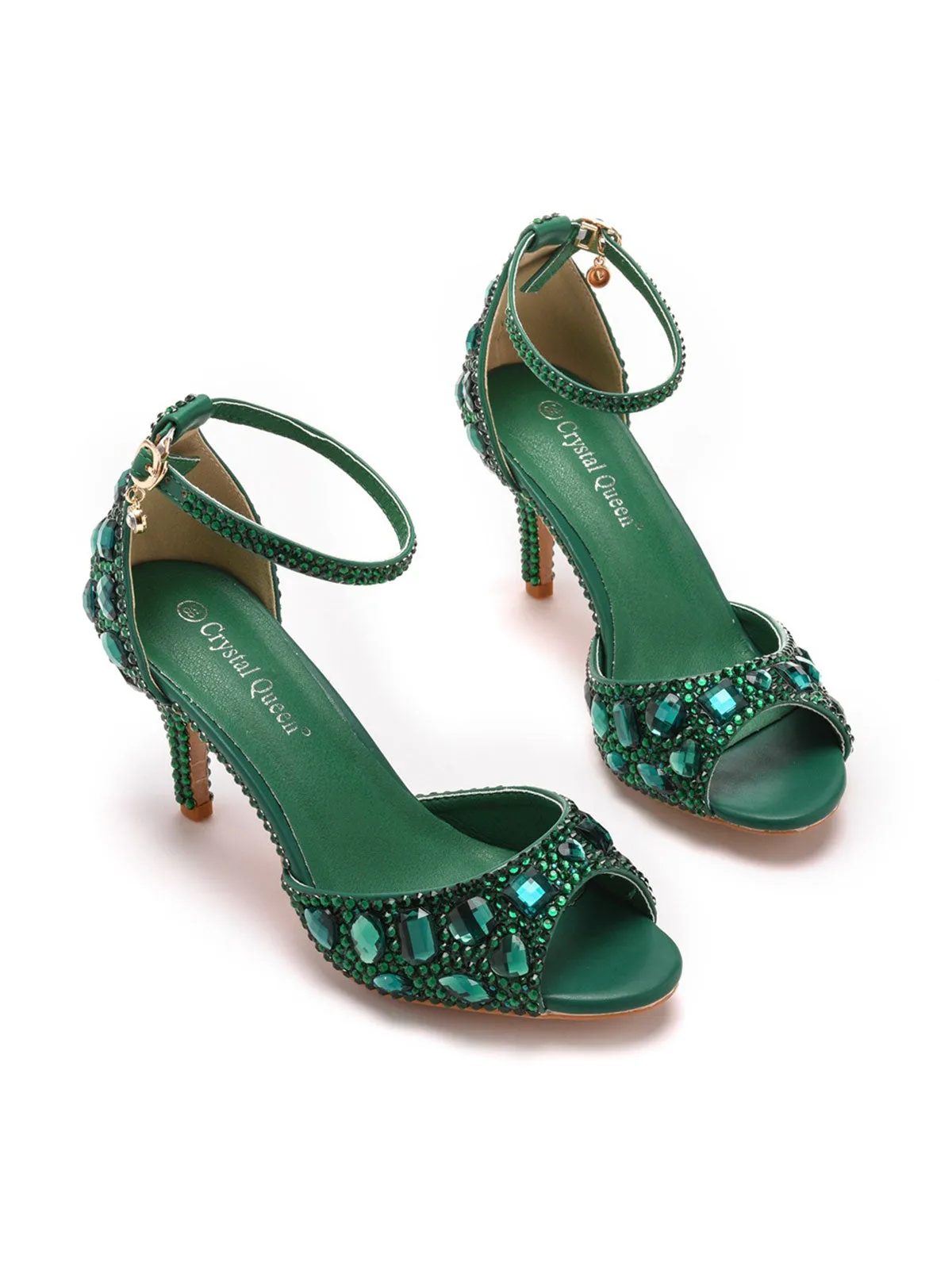 Crystal Rhinestone Peep Toe High Heels Ankle Strap Sandals