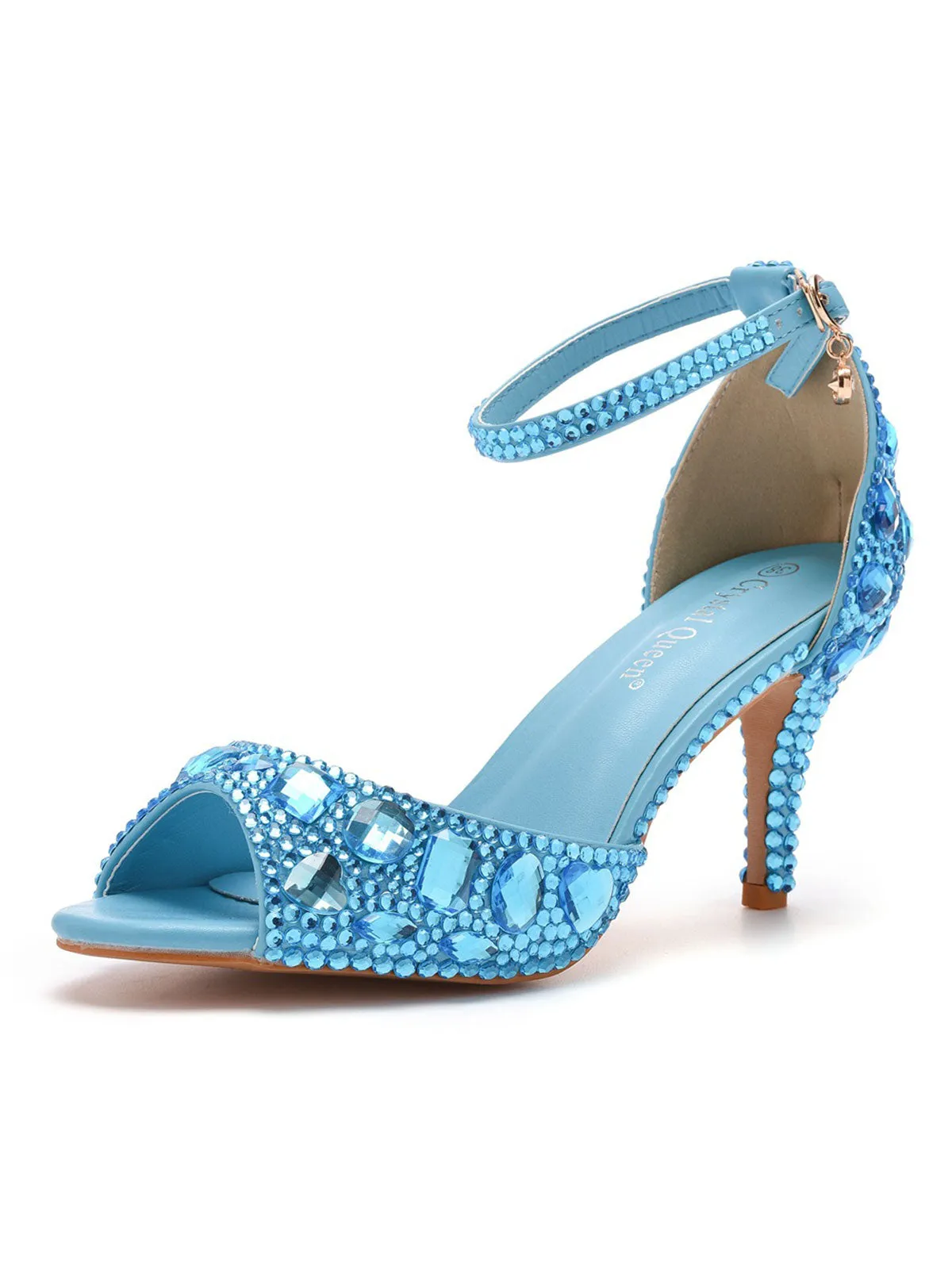 Crystal Rhinestone Peep Toe High Heels Ankle Strap Sandals