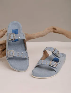 Denim Studded Sliders - Blue