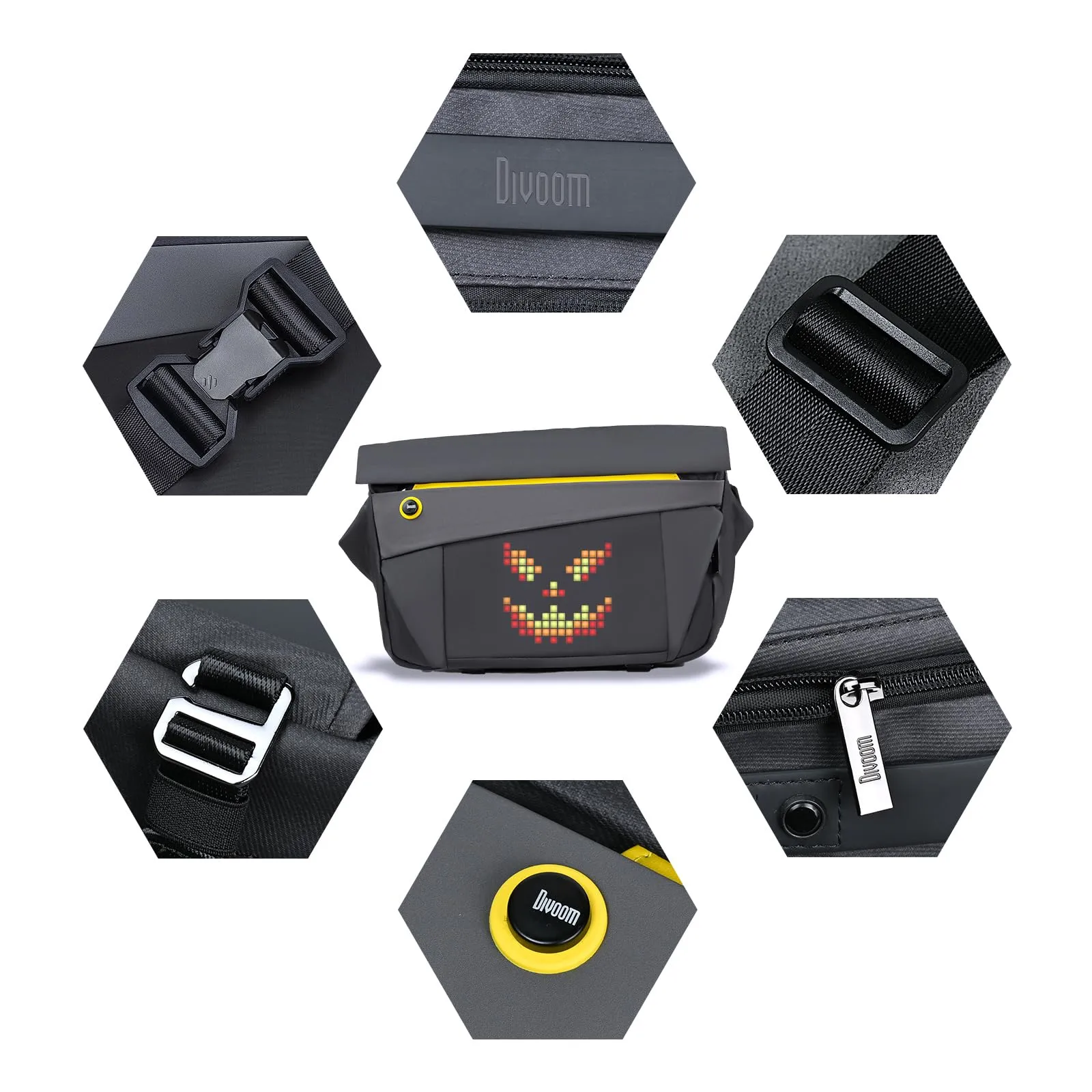 Divoom Sling Bag-V con Control por App, Mochila Bandolera LED para Hombre, Arte Pixel DIY, Impermeable, para Fiesta, Festival
