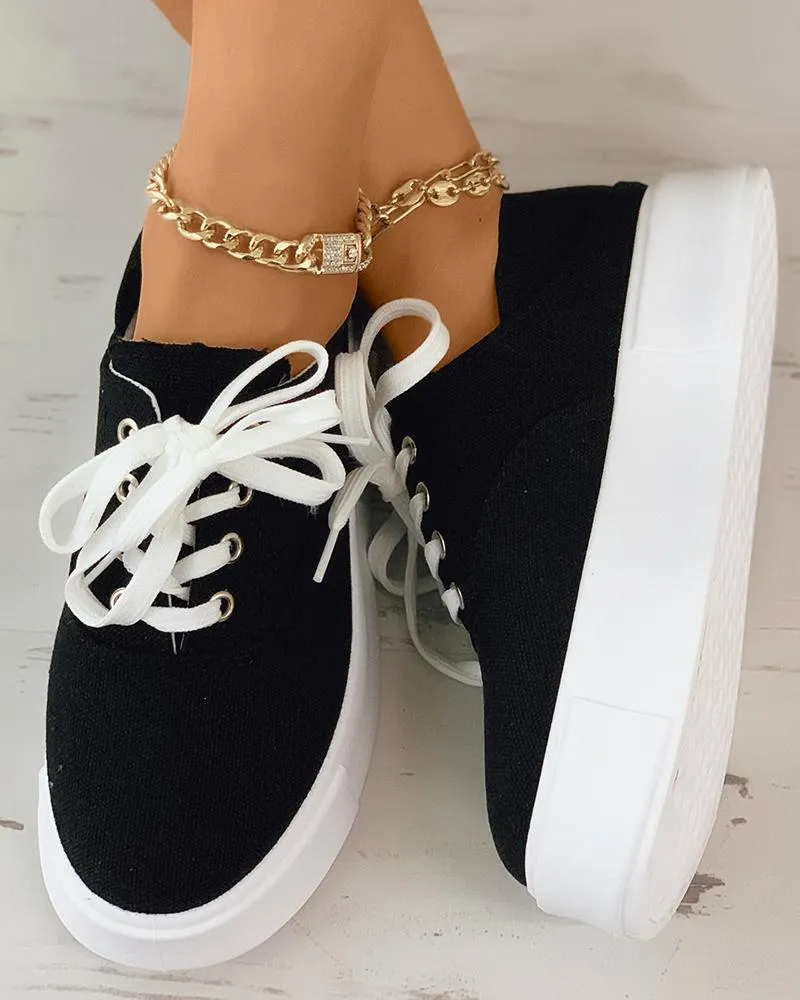 Eyelet Lace up Flatform Canvas Shoes
