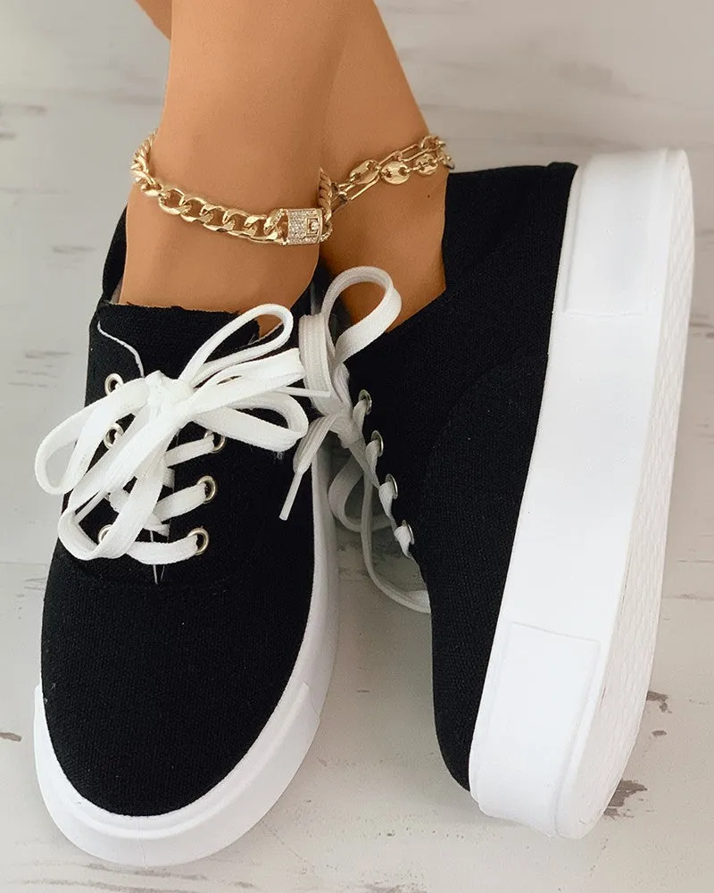 Eyelet Lace up Flatform Canvas Shoes