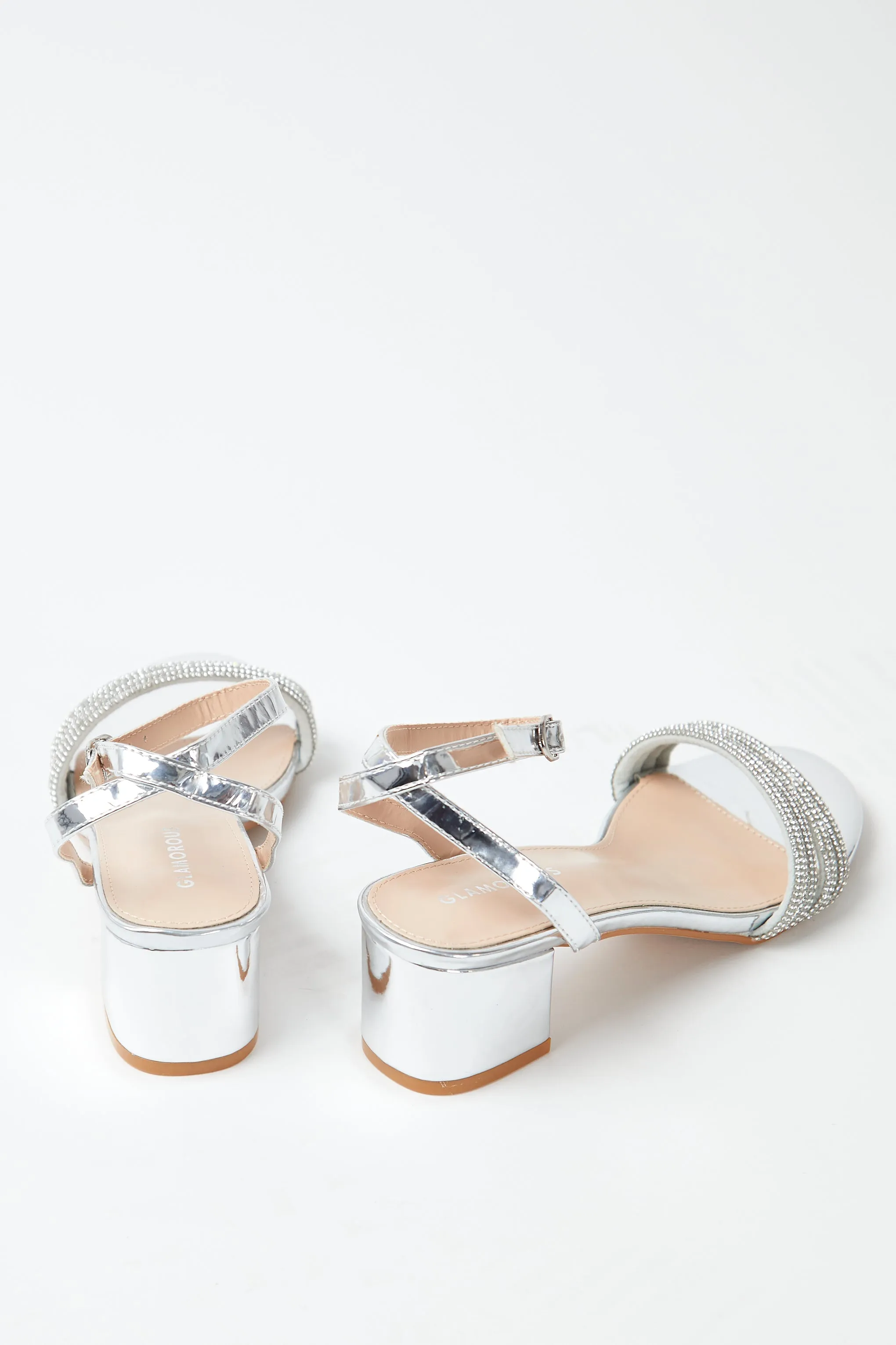 Glamorous Silver Low Block Heel Sandals