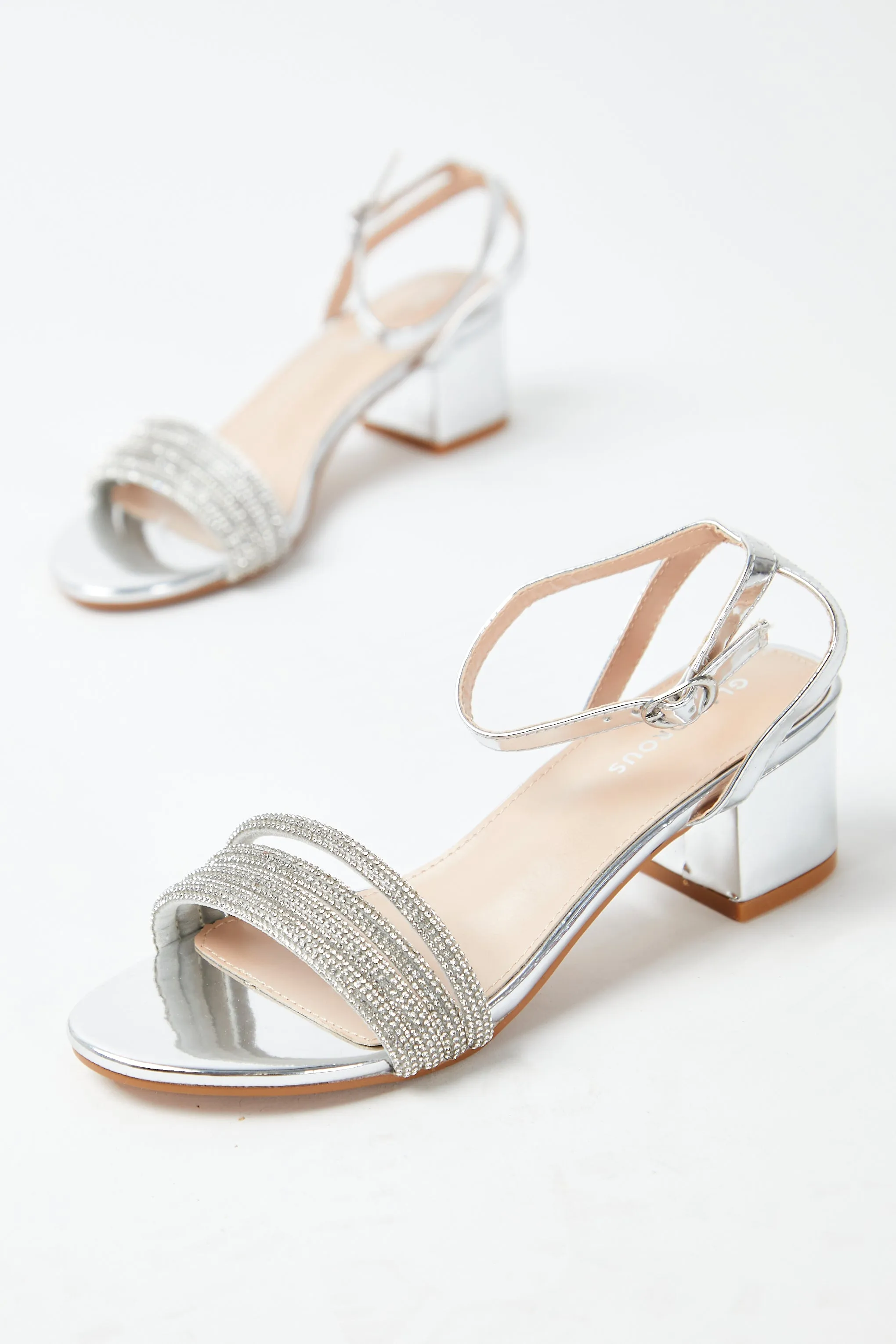 Glamorous Silver Low Block Heel Sandals