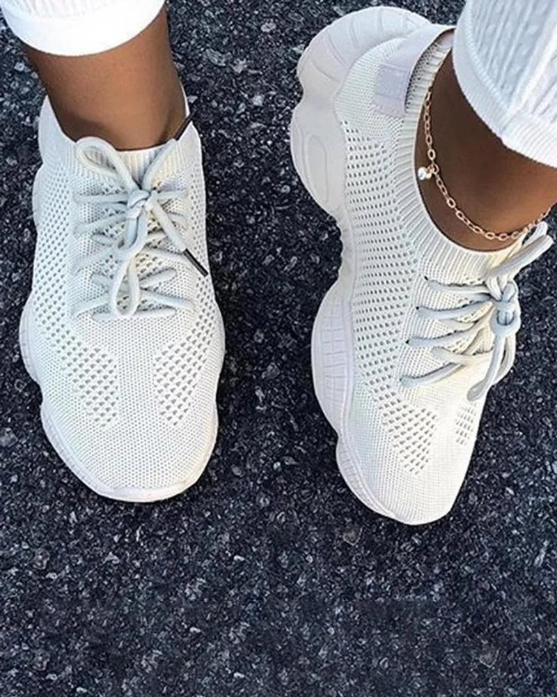 Kimemoda Breathable Solid Color Elastic Cuff Lace-up Comfortable Sneakers