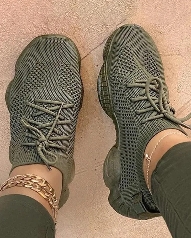 Kimemoda Breathable Solid Color Elastic Cuff Lace-up Comfortable Sneakers