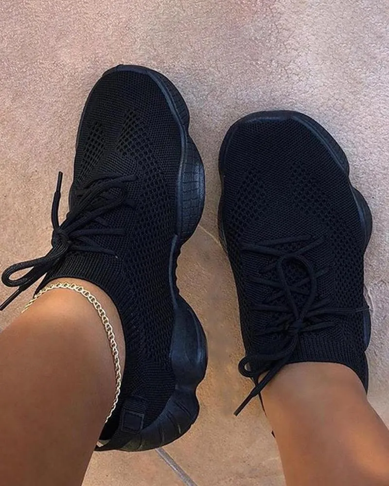 Kimemoda Breathable Solid Color Elastic Cuff Lace-up Comfortable Sneakers
