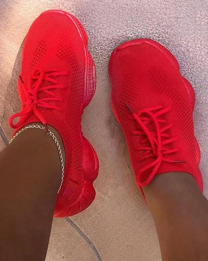 Kimemoda Breathable Solid Color Elastic Cuff Lace-up Comfortable Sneakers