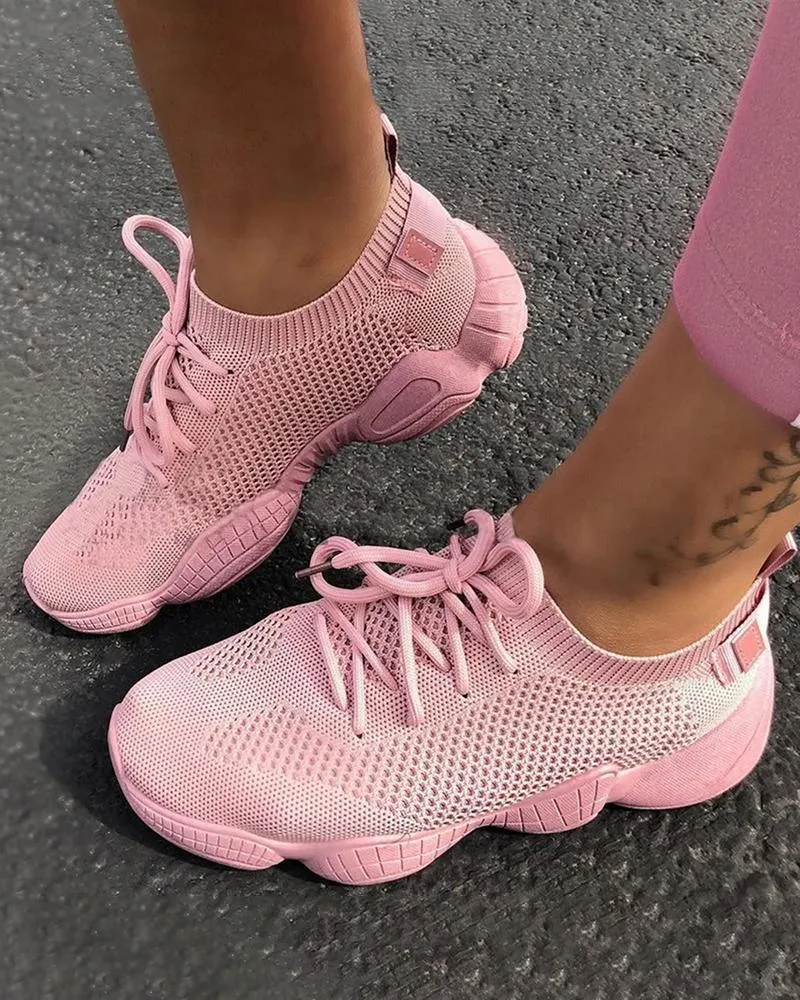 Kimemoda Breathable Solid Color Elastic Cuff Lace-up Comfortable Sneakers