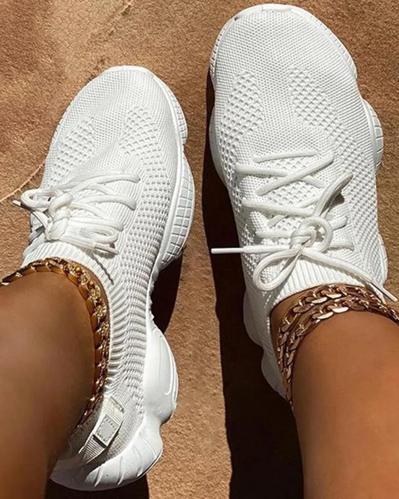 Kimemoda Breathable Solid Color Elastic Cuff Lace-up Comfortable Sneakers