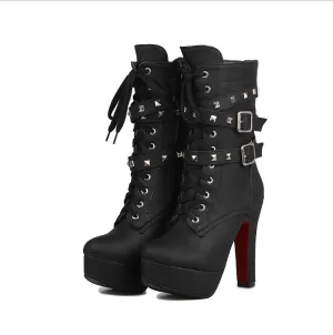 Lace-Up Studded High Heeled Boots