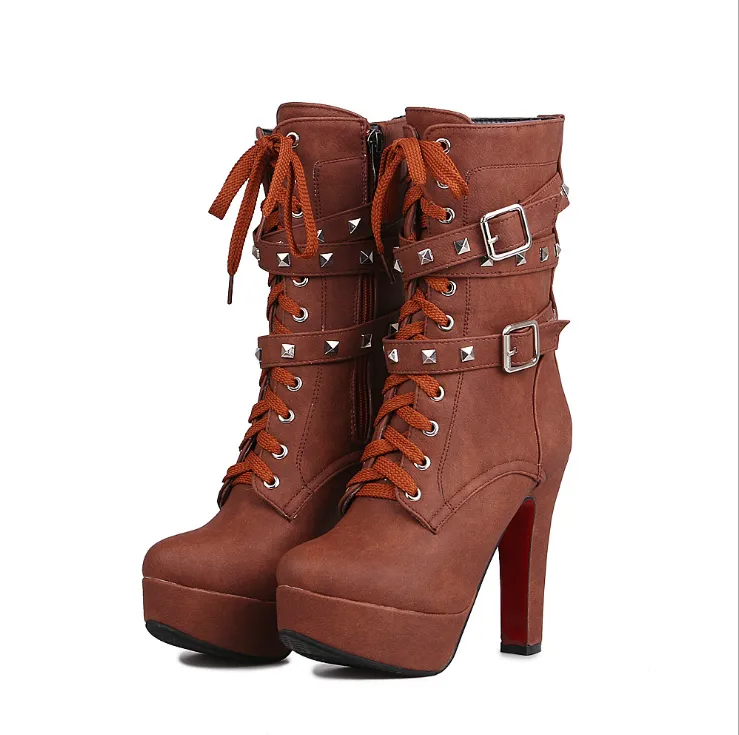 Lace-Up Studded High Heeled Boots