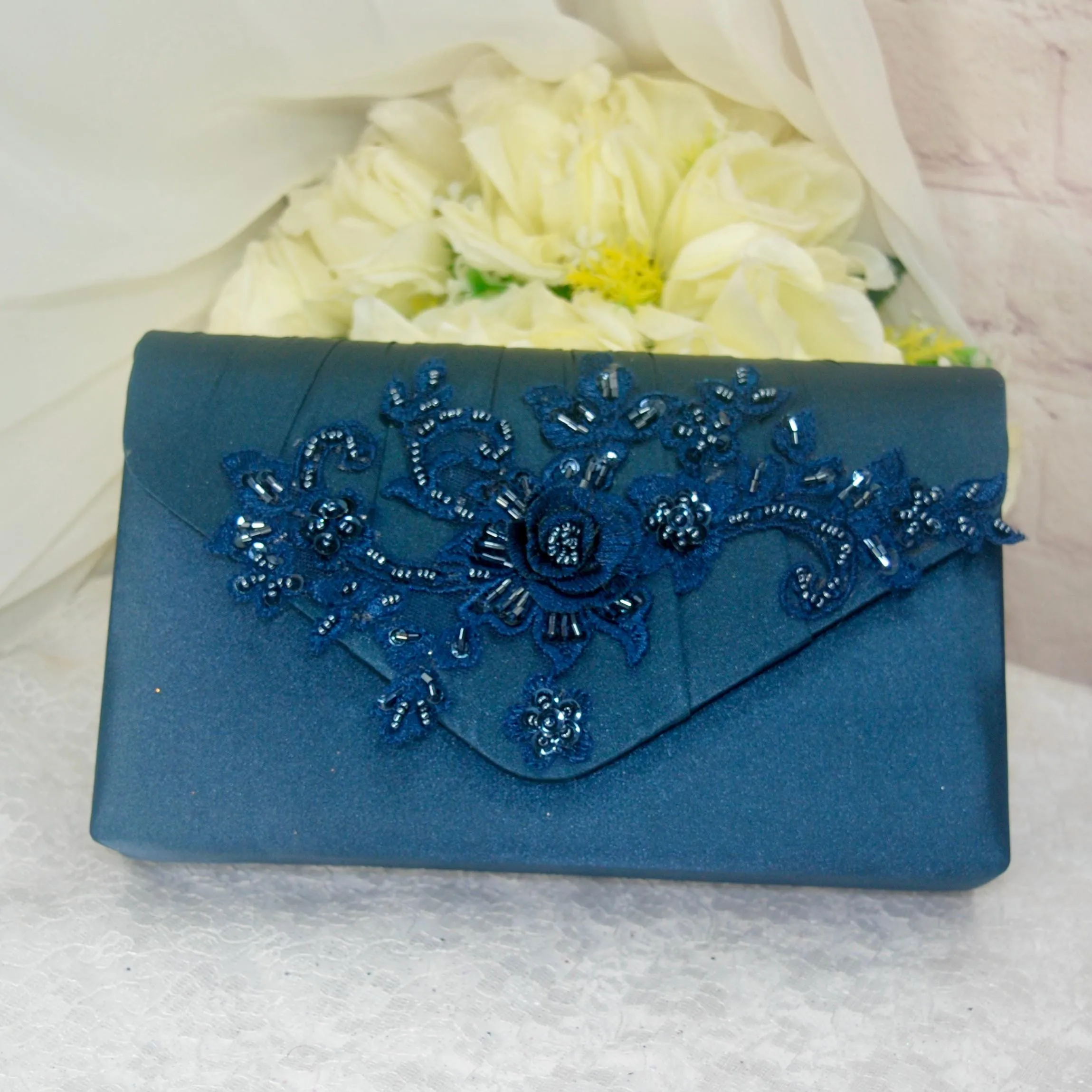 Navy Blue Fascinator Hat, Clutch Bag and Satin Heels