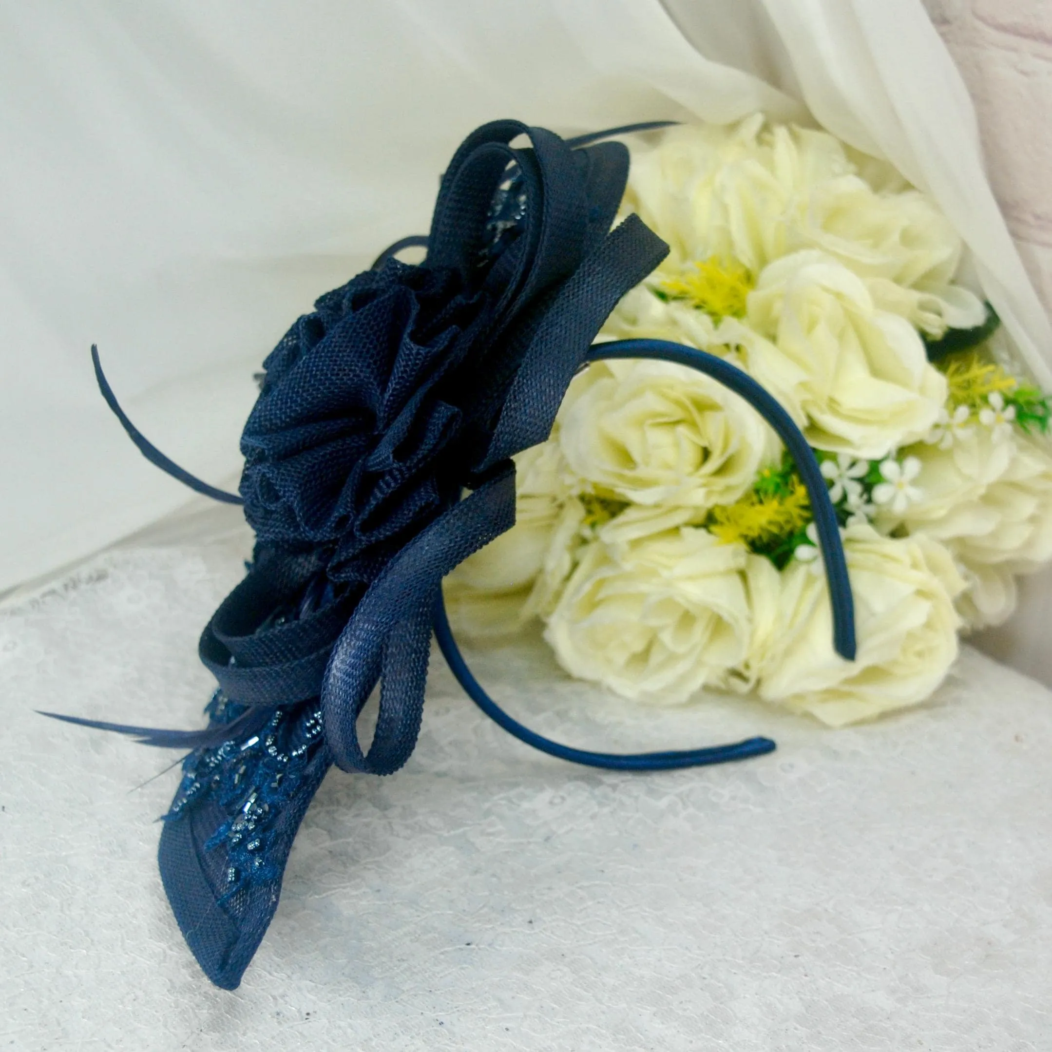 Navy Blue Fascinator Hat, Clutch Bag and Satin Heels
