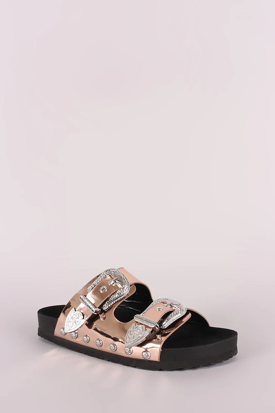 Patent Studded Etched Buckled Double Band Footbed Sandal