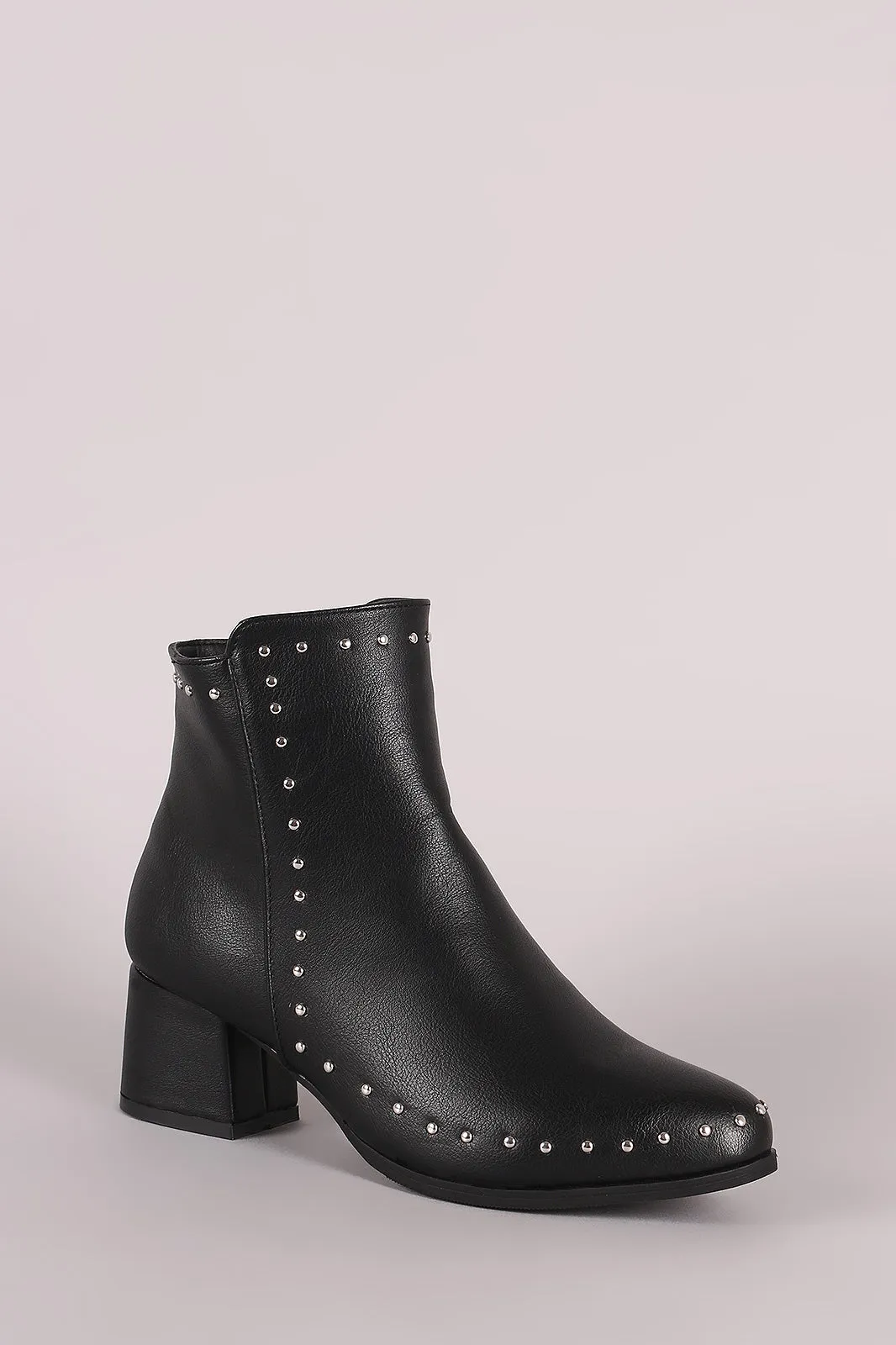Qupid Studded Almond Toe Block Heeled Ankle Booties