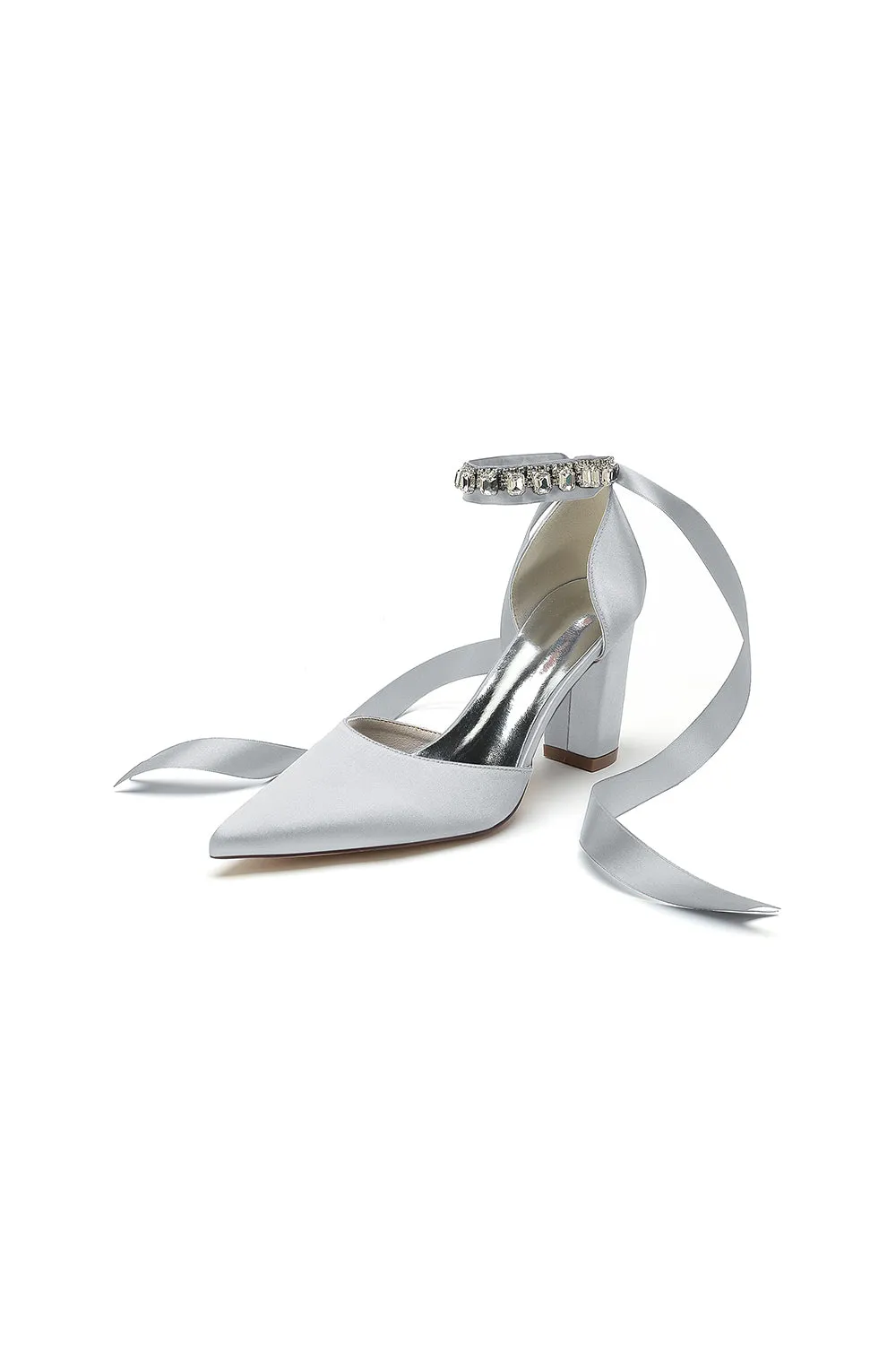 Rhinestone Ribbon Pointed Toe Ankle Strap Chunky Heel