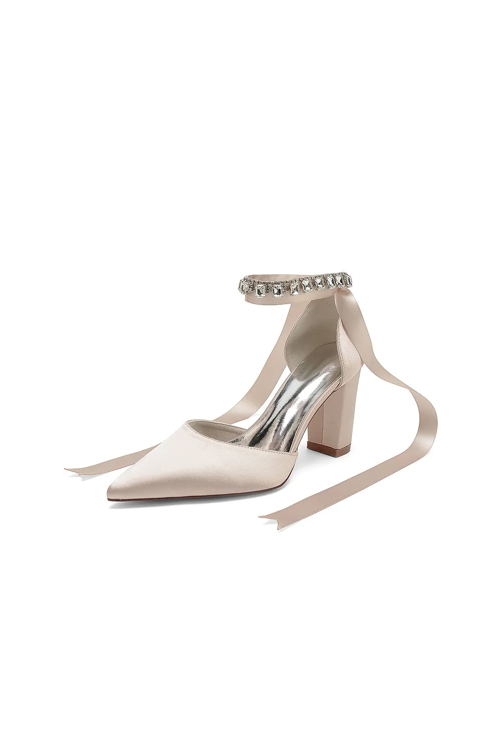 Rhinestone Ribbon Pointed Toe Ankle Strap Chunky Heel