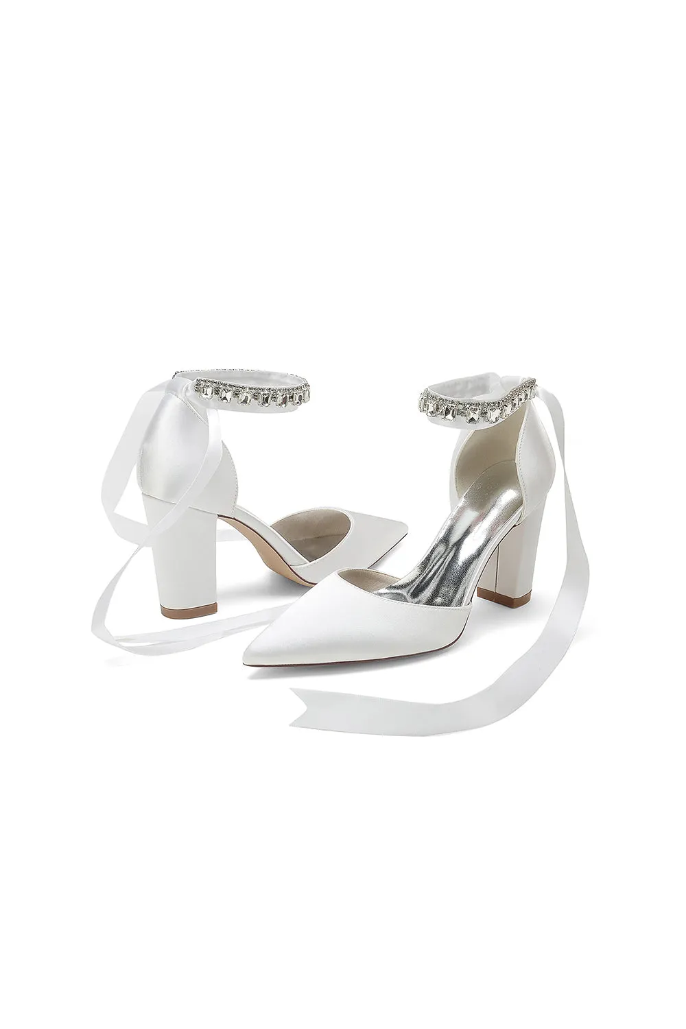Rhinestone Ribbon Pointed Toe Ankle Strap Chunky Heel