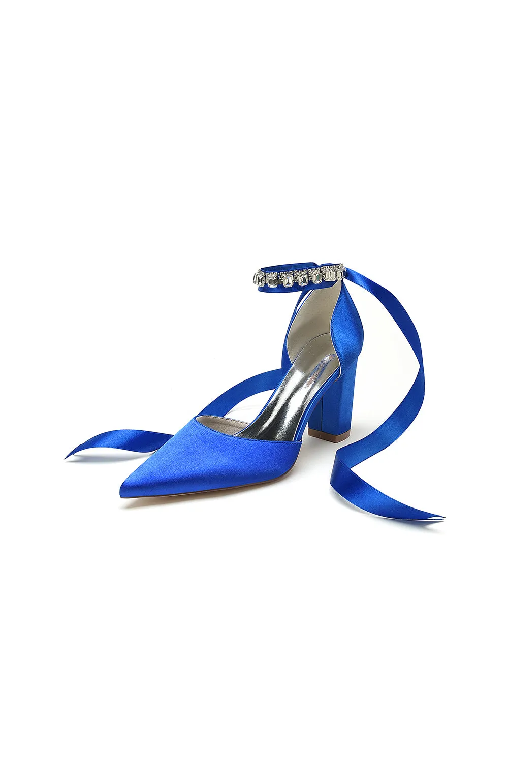 Rhinestone Ribbon Pointed Toe Ankle Strap Chunky Heel