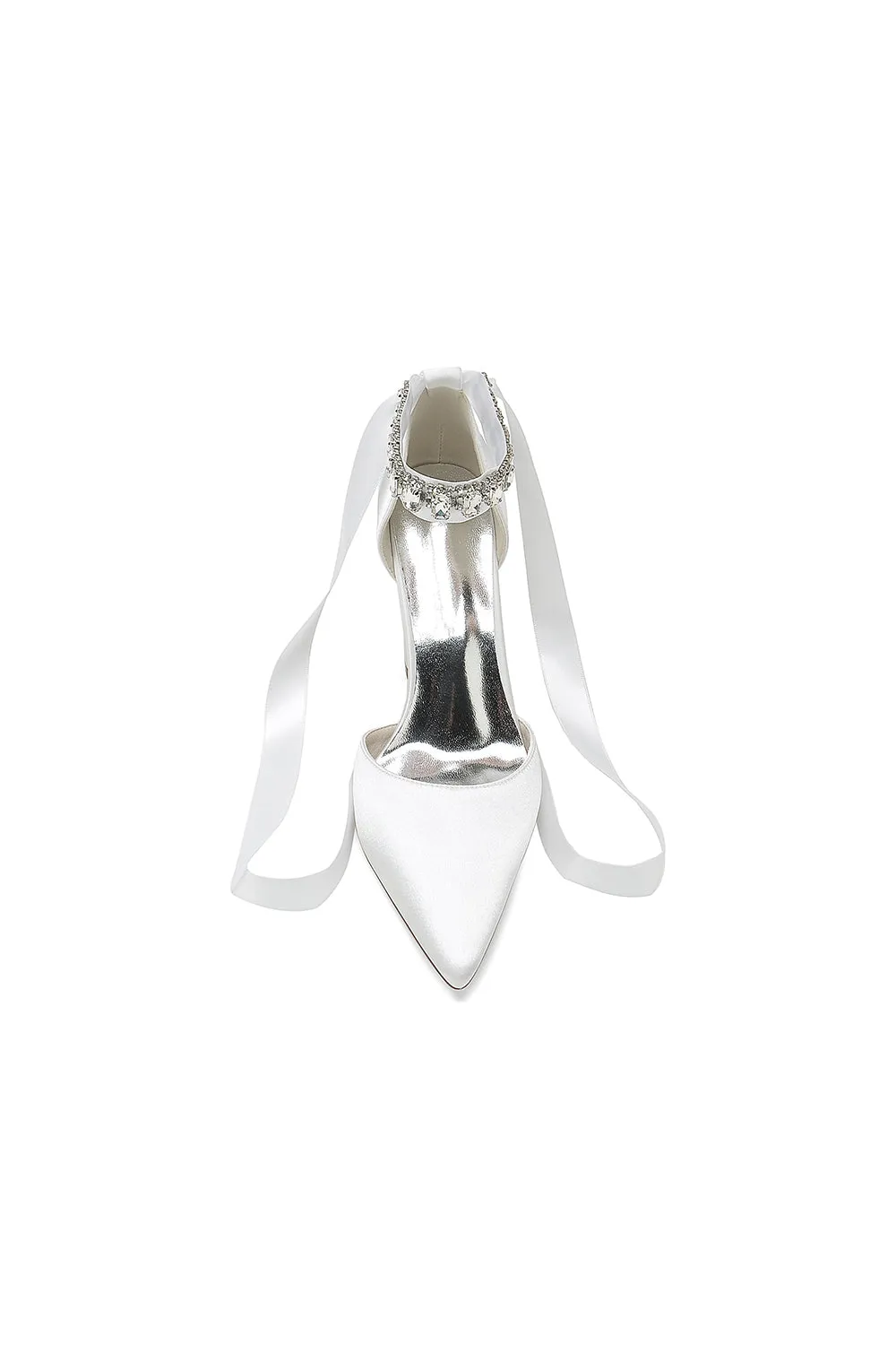 Rhinestone Ribbon Pointed Toe Ankle Strap Chunky Heel