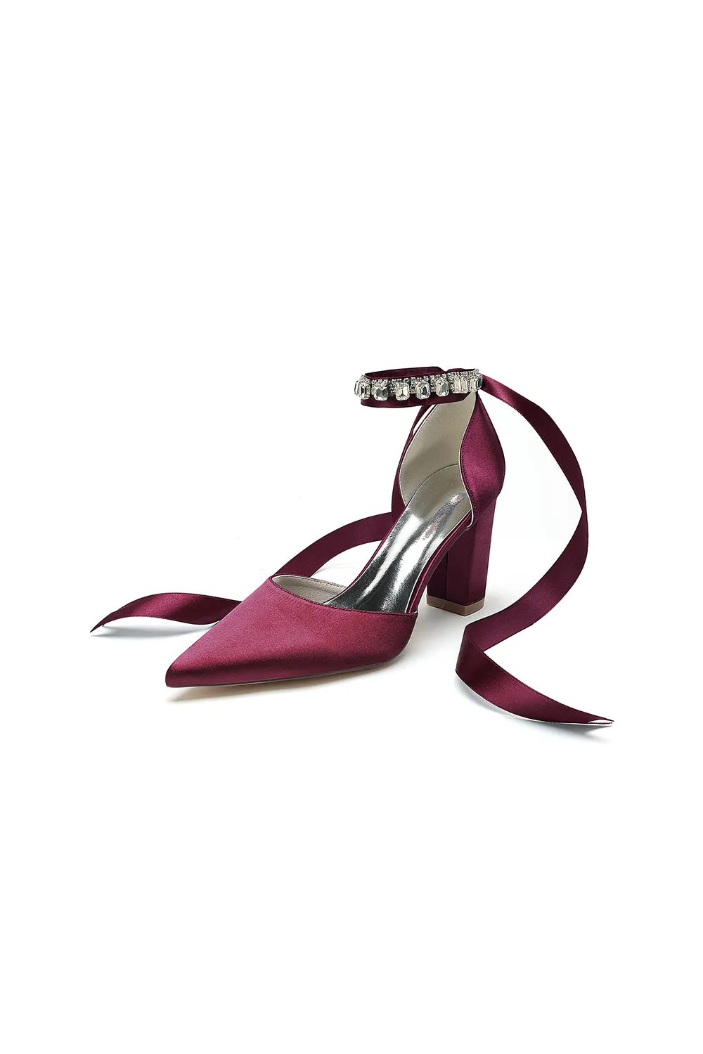 Rhinestone Ribbon Pointed Toe Ankle Strap Chunky Heel