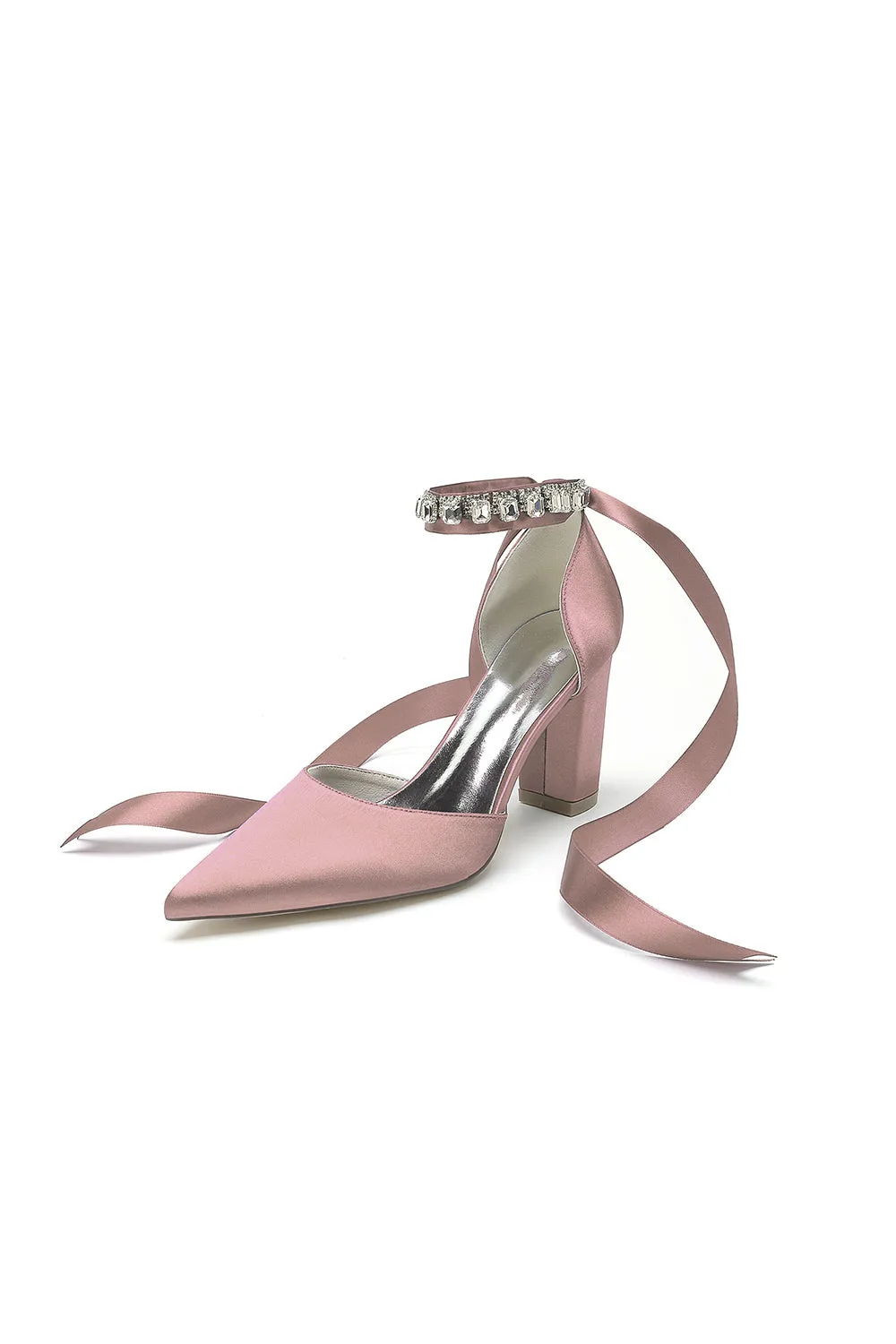 Rhinestone Ribbon Pointed Toe Ankle Strap Chunky Heel