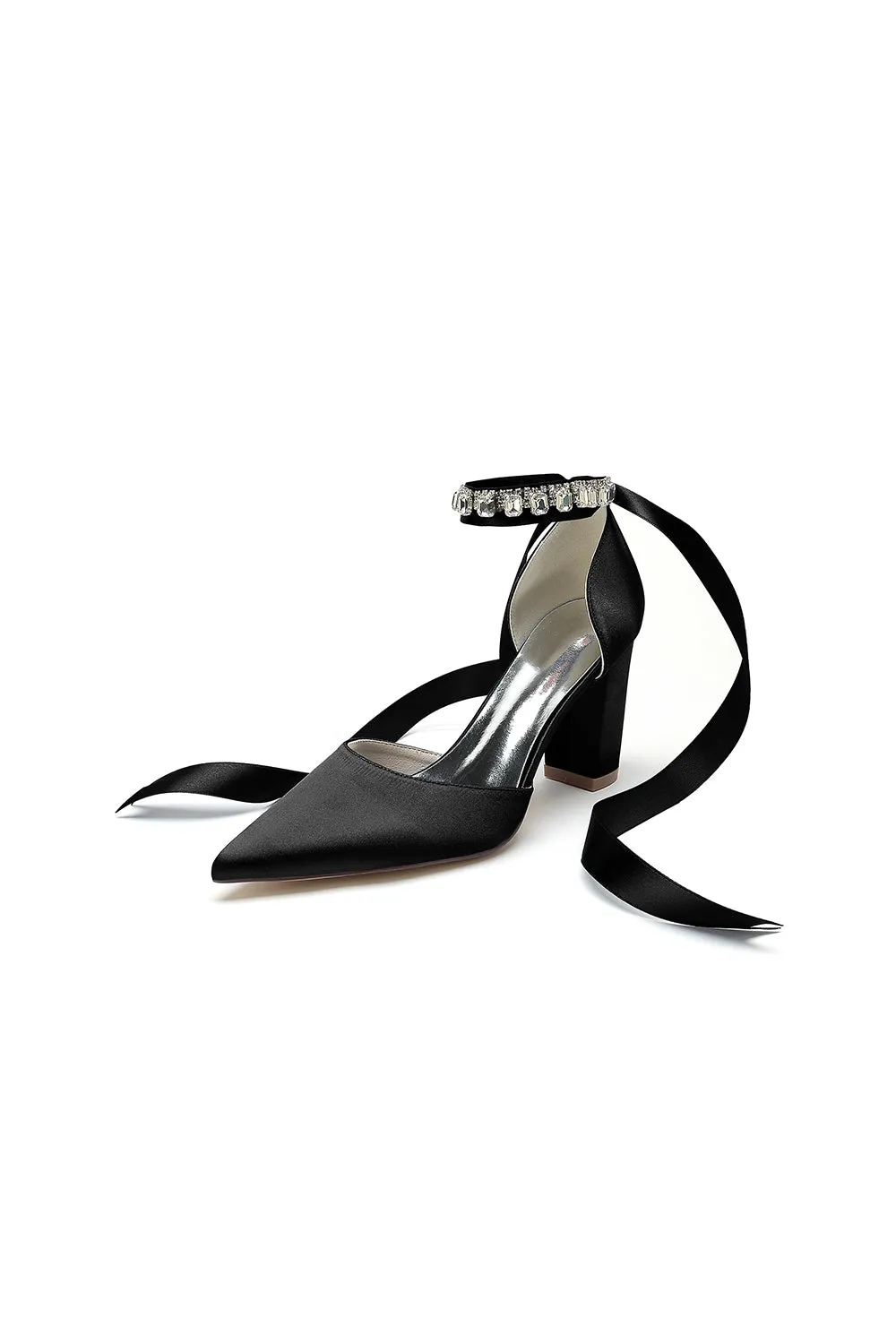 Rhinestone Ribbon Pointed Toe Ankle Strap Chunky Heel