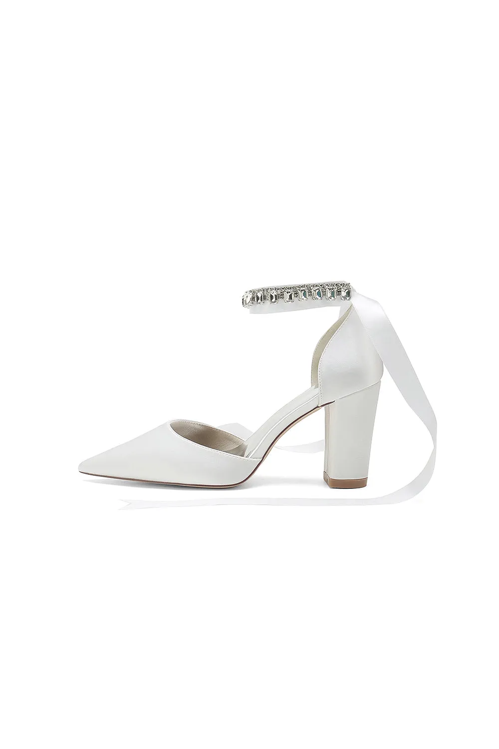 Rhinestone Ribbon Pointed Toe Ankle Strap Chunky Heel