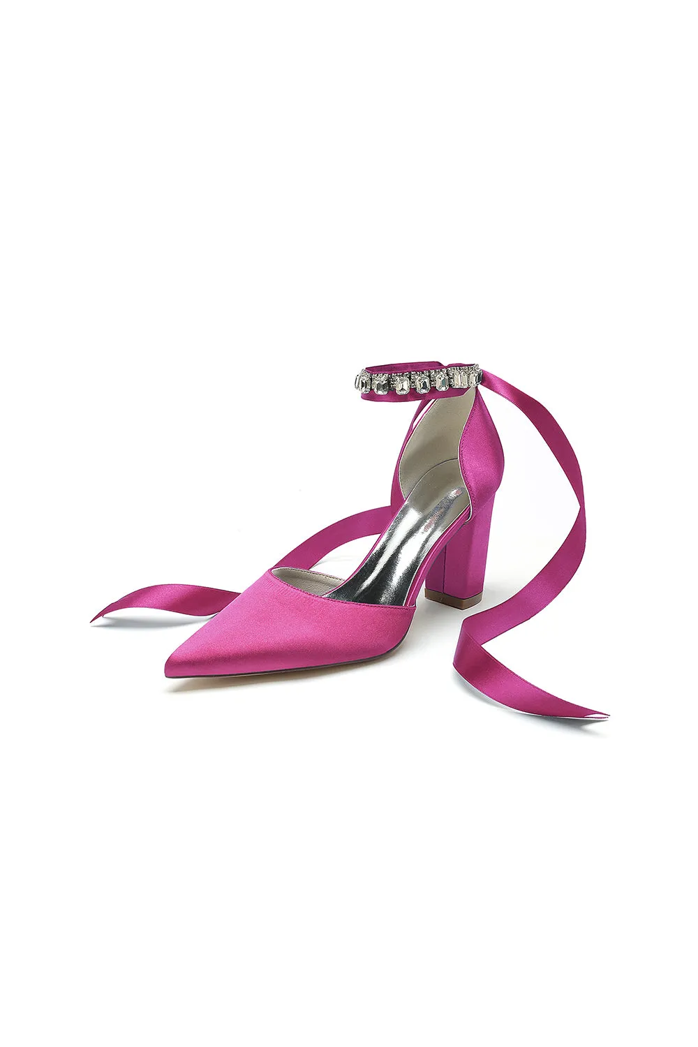 Rhinestone Ribbon Pointed Toe Ankle Strap Chunky Heel