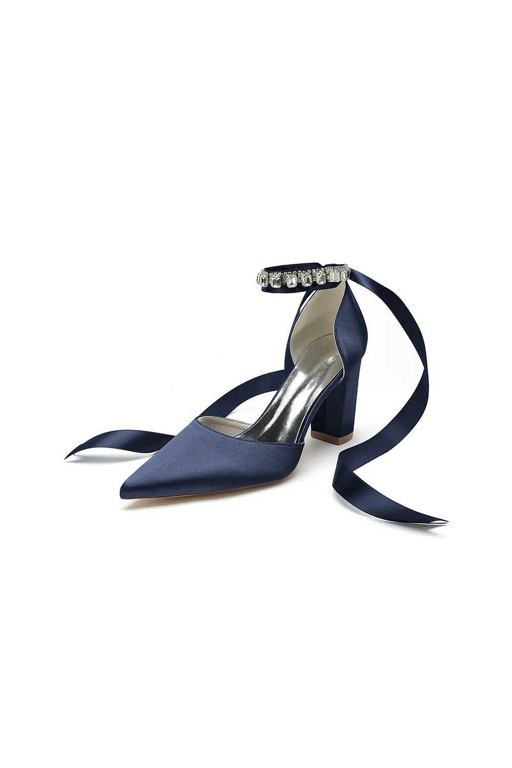 Rhinestone Ribbon Pointed Toe Ankle Strap Chunky Heel