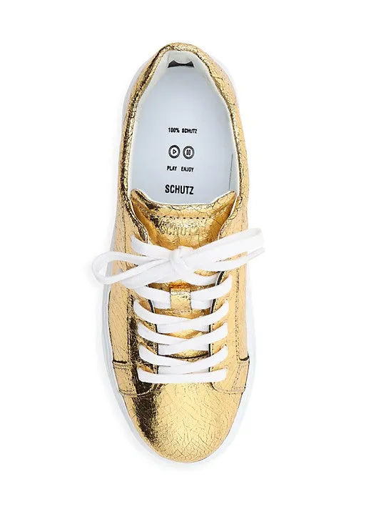 Schutz Raver Metallic Leather Platform Sneakers Ouro Gold Lace Up Sneakers