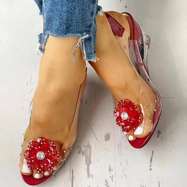 studded flower design transparent wedge sandals