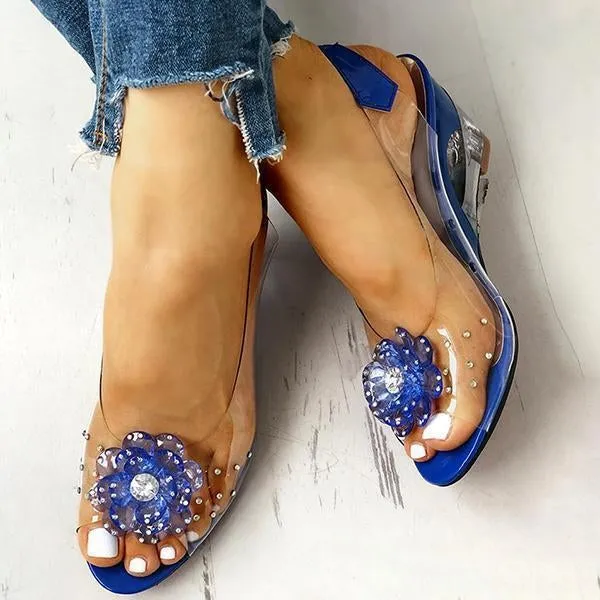 studded flower design transparent wedge sandals