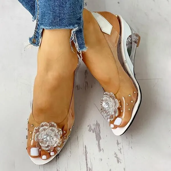 studded flower design transparent wedge sandals
